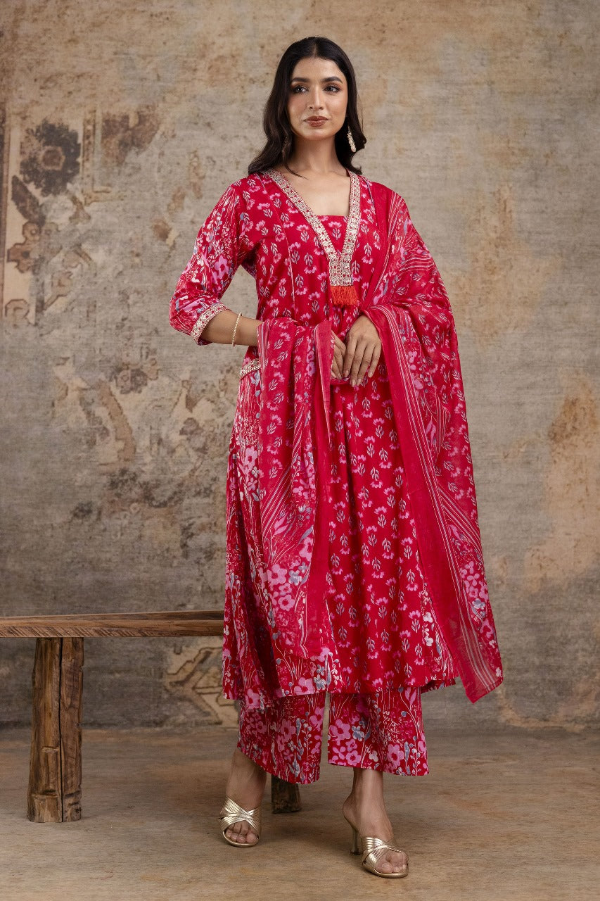 Premium Pure Soft Cotton Embroidered & Sequin Work A-Line Kurta Suit Pant With Dupatta