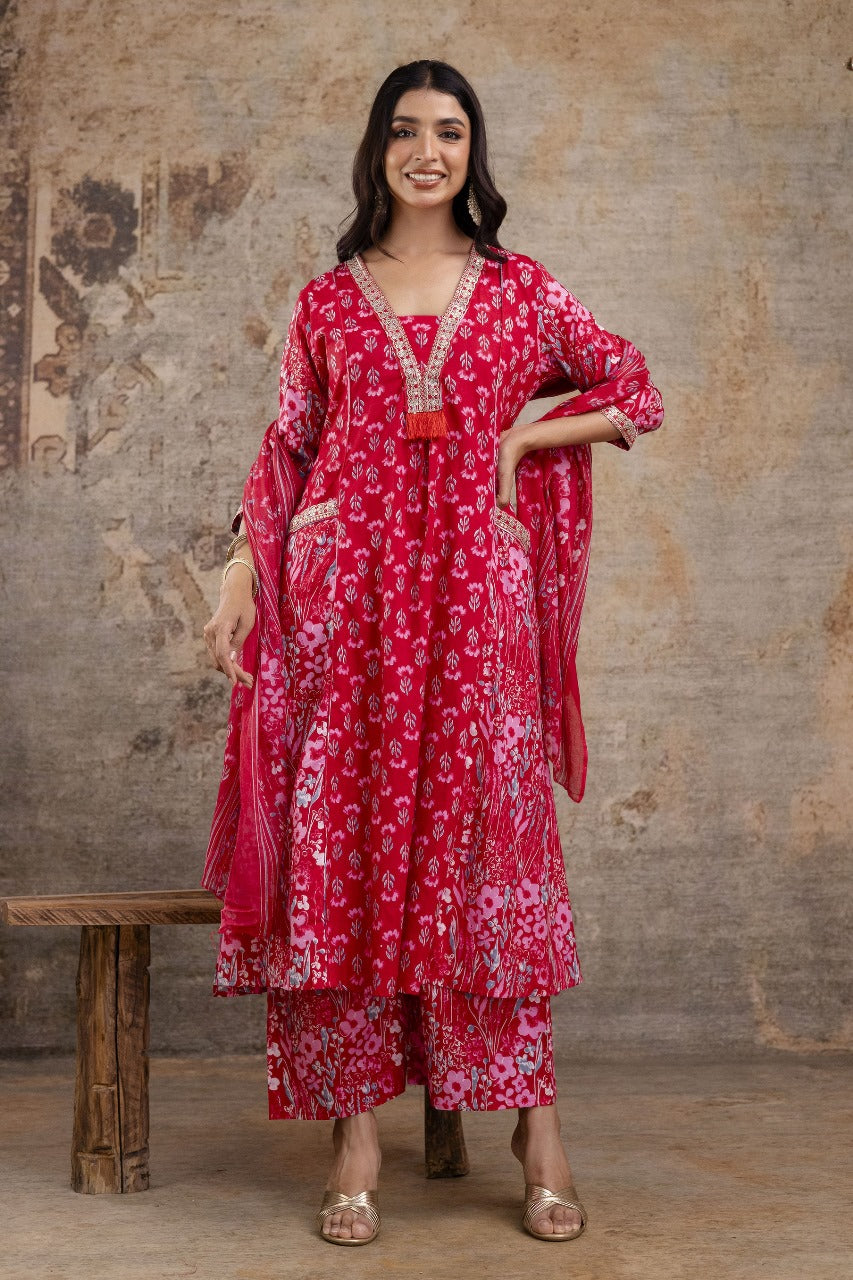 Premium Pure Soft Cotton Embroidered & Sequin Work A-Line Kurta Suit Pant With Dupatta