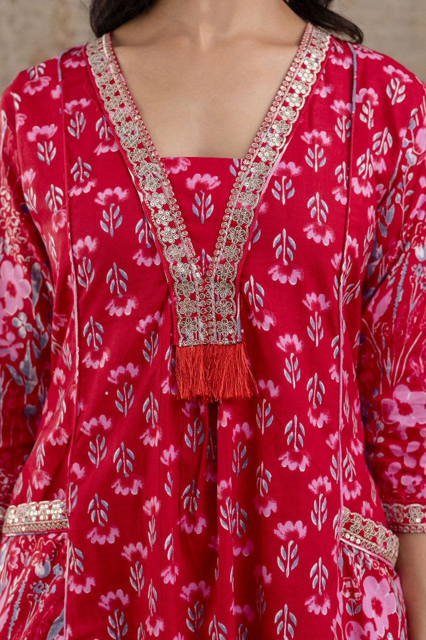 Premium Pure Soft Cotton Embroidered & Sequin Work A-Line Kurta Suit Pant With Dupatta