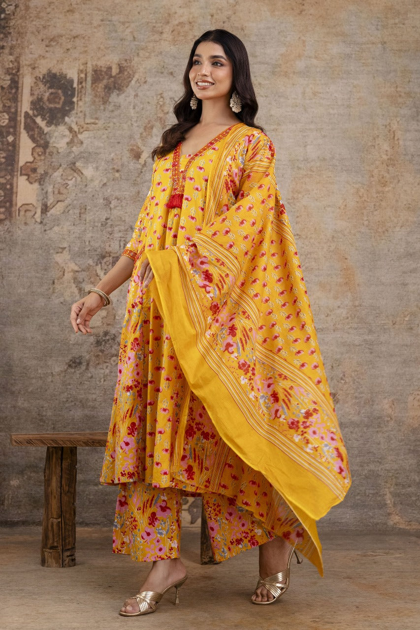 Premium Pure Soft Cotton Embroidered & Sequin Work A-Line Kurta Suit Pant With Dupatta