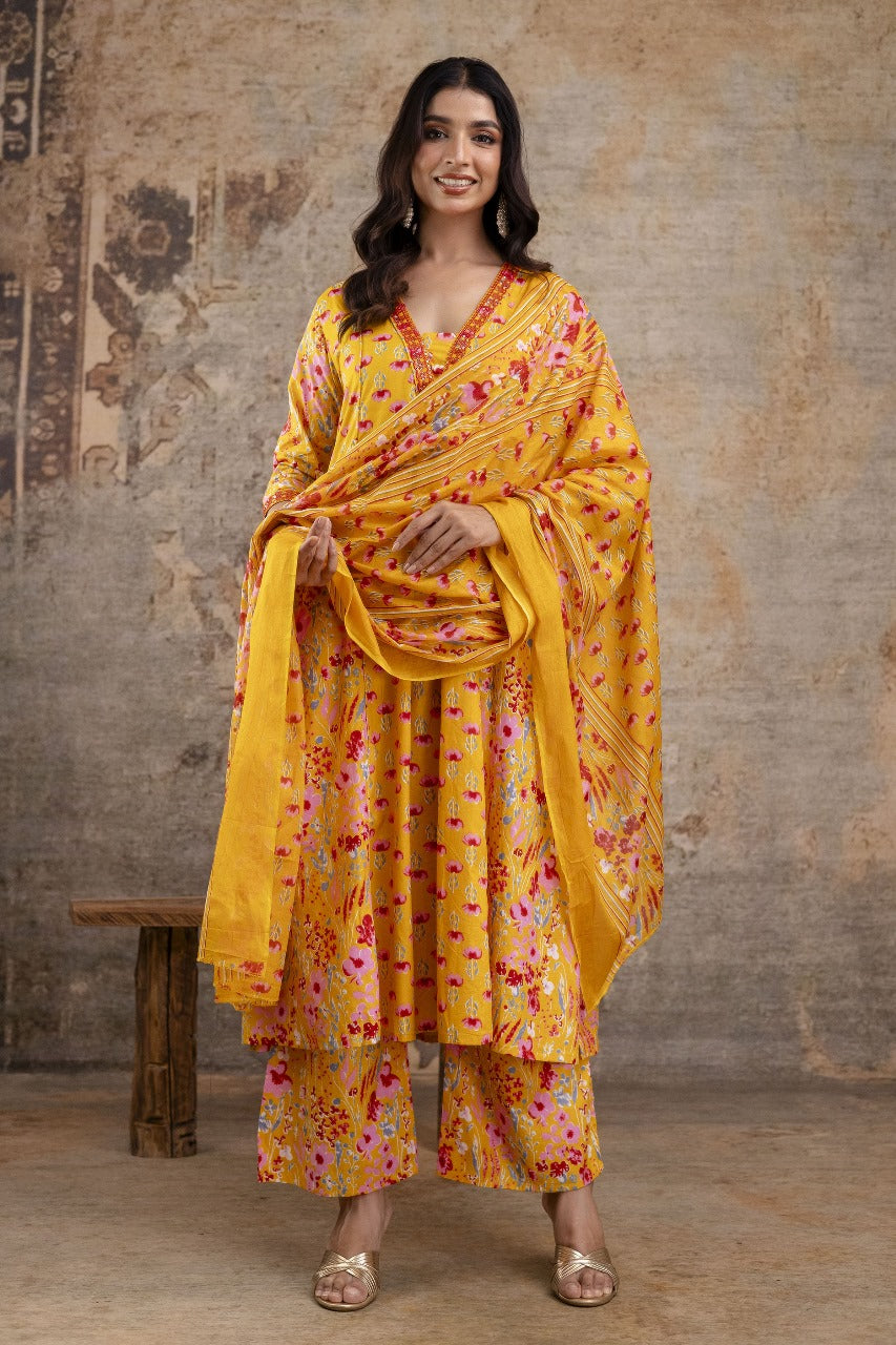 Premium Pure Soft Cotton Embroidered & Sequin Work A-Line Kurta Suit Pant With Dupatta