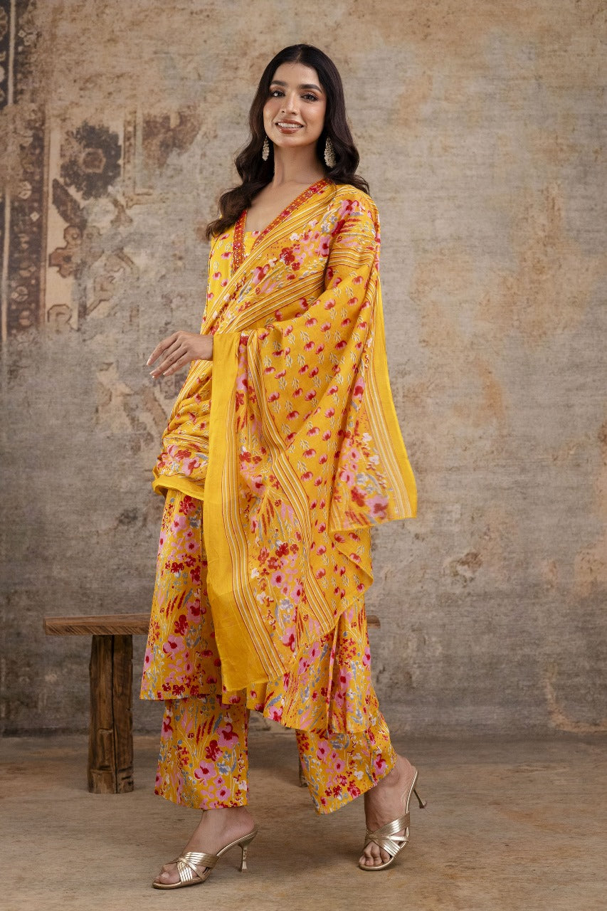 Premium Pure Soft Cotton Embroidered & Sequin Work A-Line Kurta Suit Pant With Dupatta