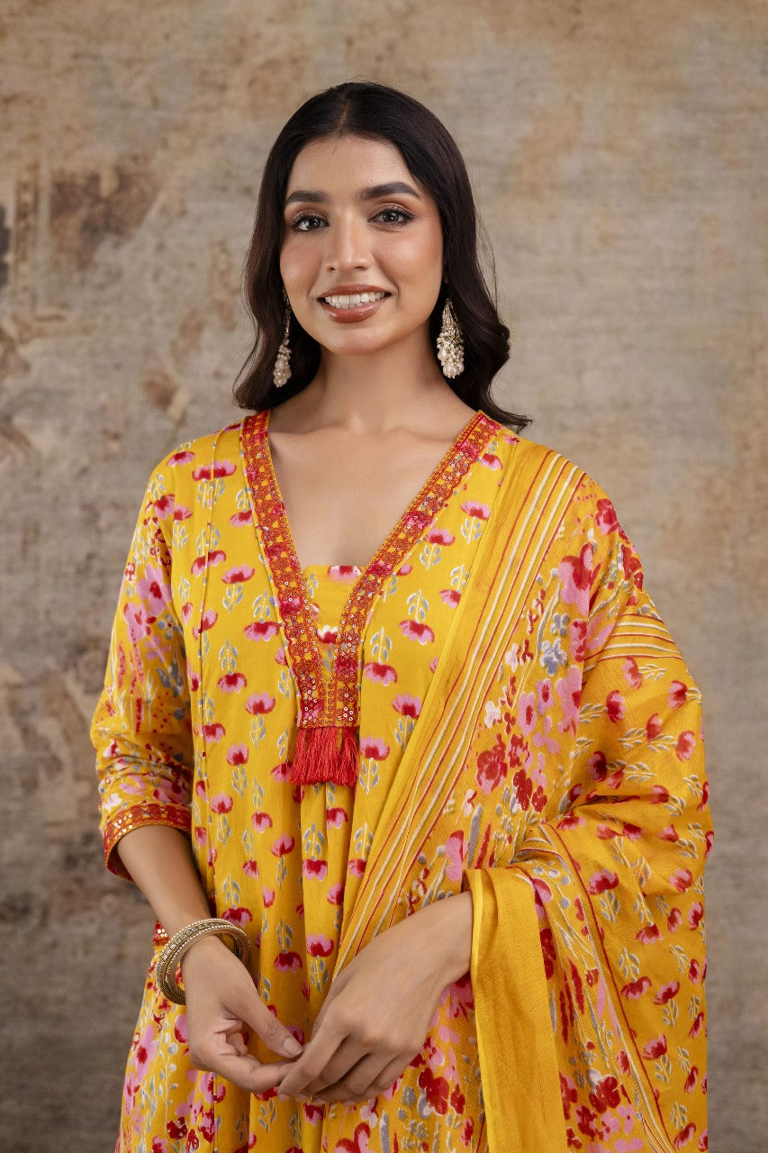 Premium Pure Soft Cotton Embroidered & Sequin Work A-Line Kurta Suit Pant With Dupatta