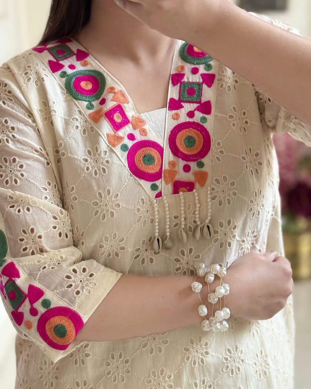 Pure Khadi Cotton Kurta Pant Co-ord With Schiffli and Thread Work