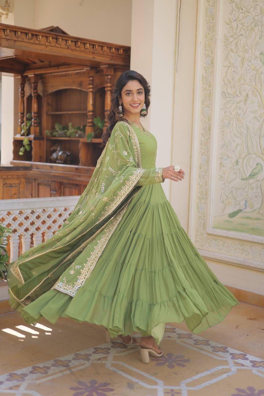 Wedding & Festive Ready Faux Georgette With Rich Sequins And Embroidered Work Gown & Dupatta Set
