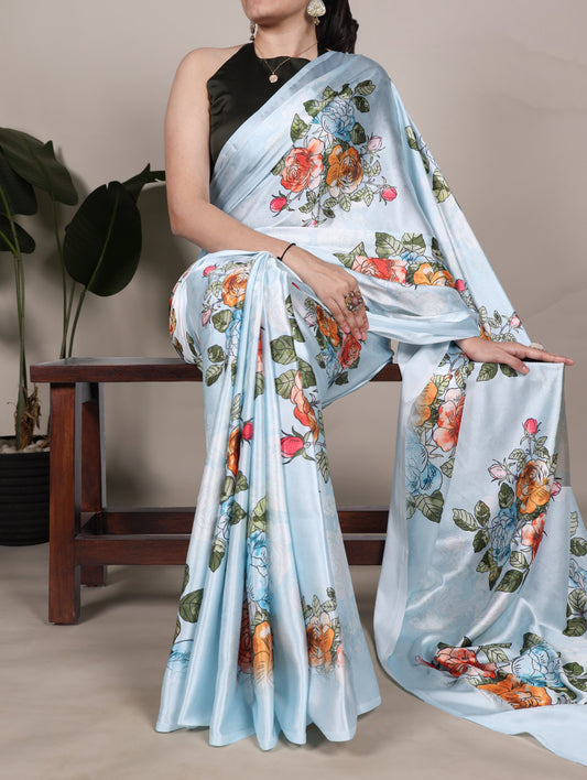 Pure Satin Silk Floral Print All Over Saree With Fresh Colours