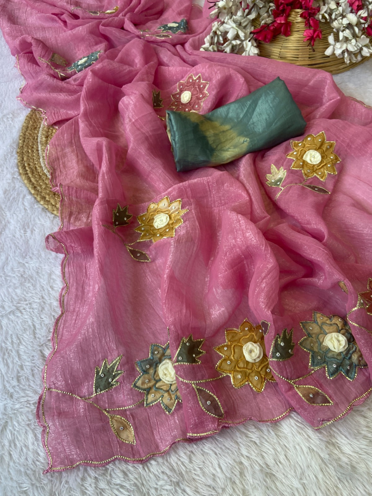 Premium Soft Crunchy Crush Fabric Saree With Heavy Design Handwork