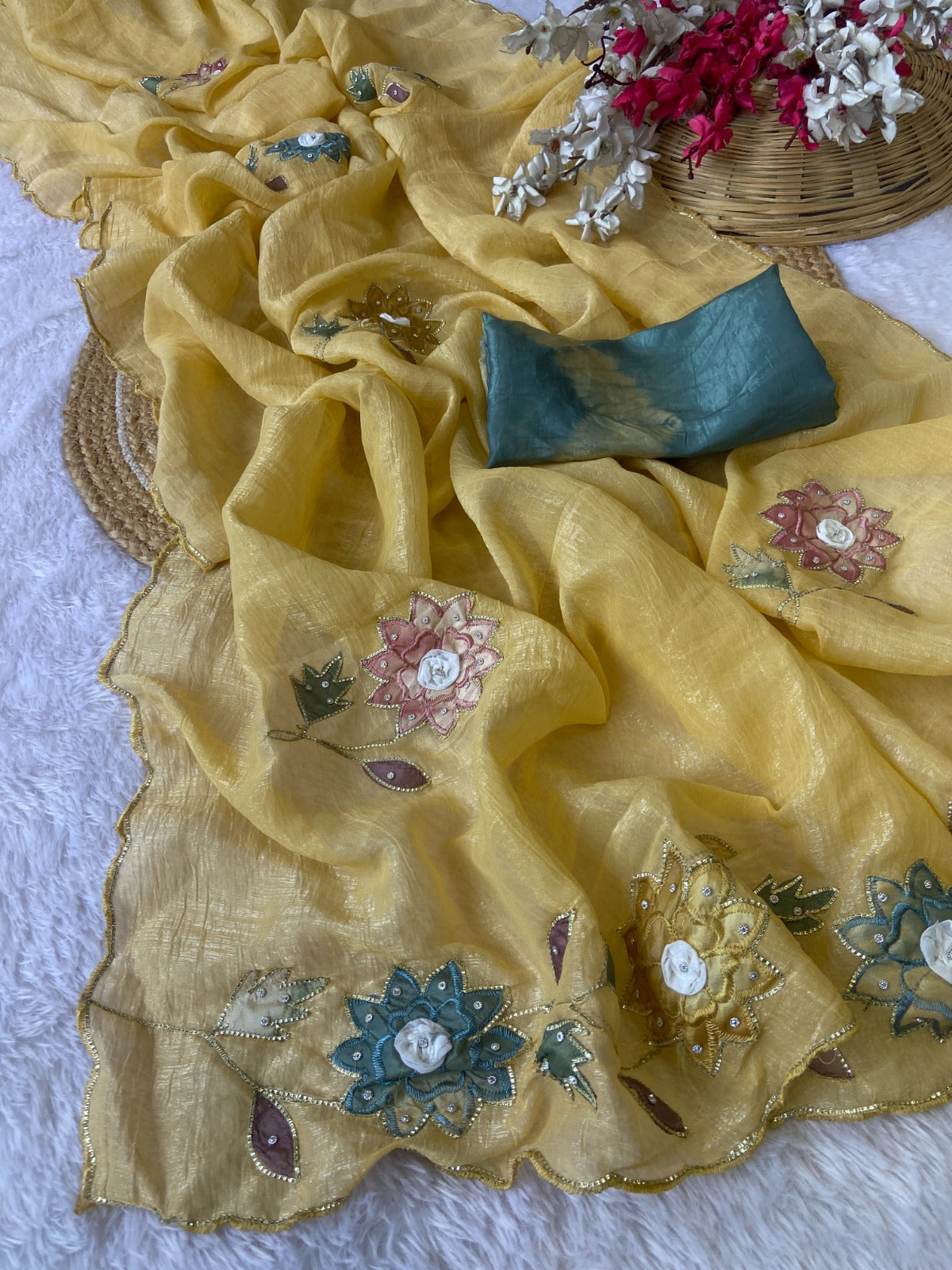 Premium Soft Crunchy Crush Fabric Saree With Heavy Design Handwork
