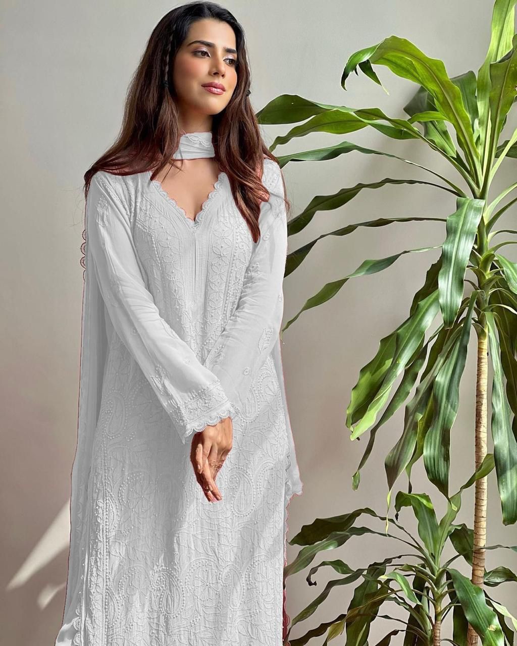 Stylish Faux Georgette Chikankari Embroidery & Lace Work Kurti Pant With Dupatta Set