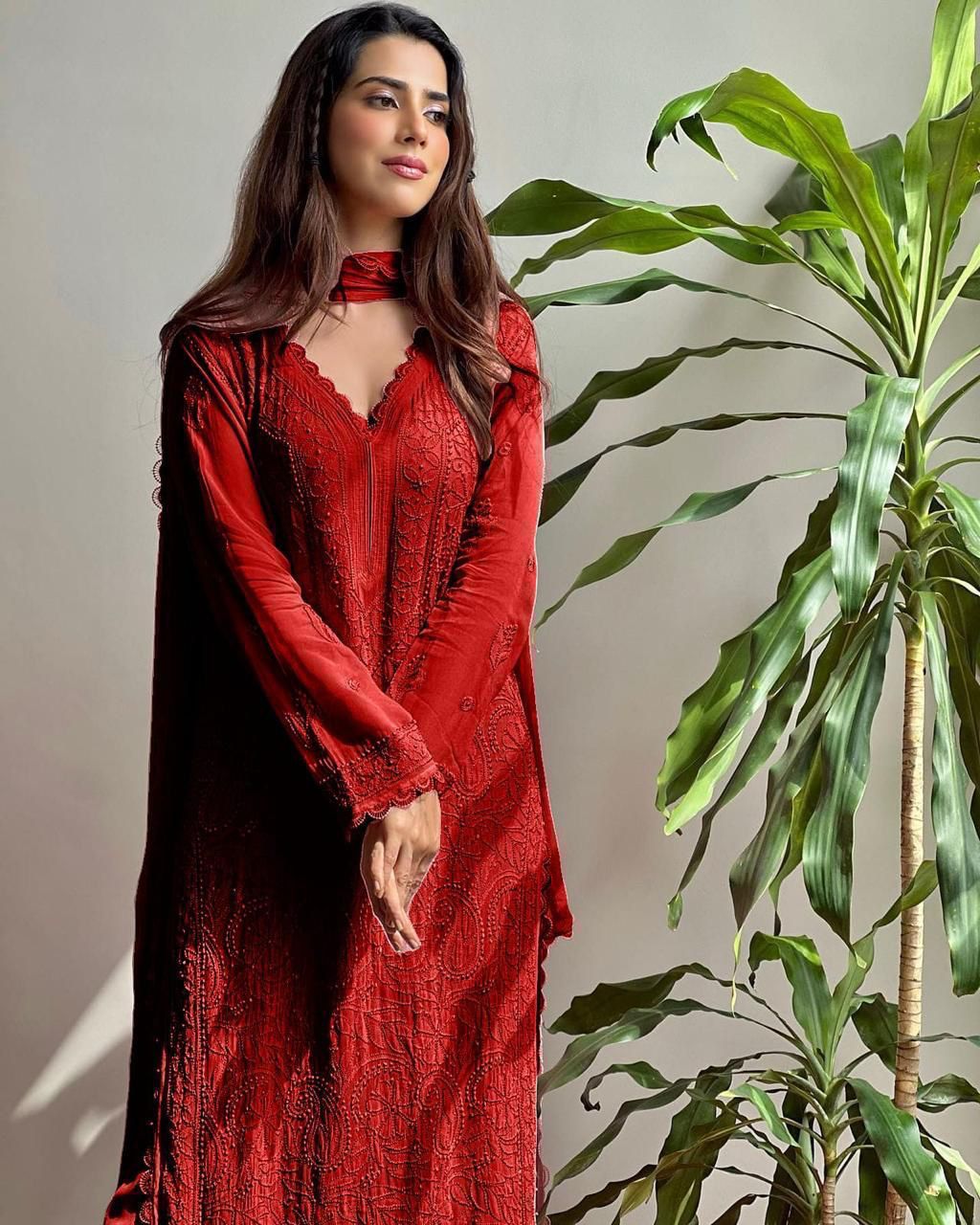 Stylish Faux Georgette Chikankari Embroidery & Lace Work Kurti Pant With Dupatta Set