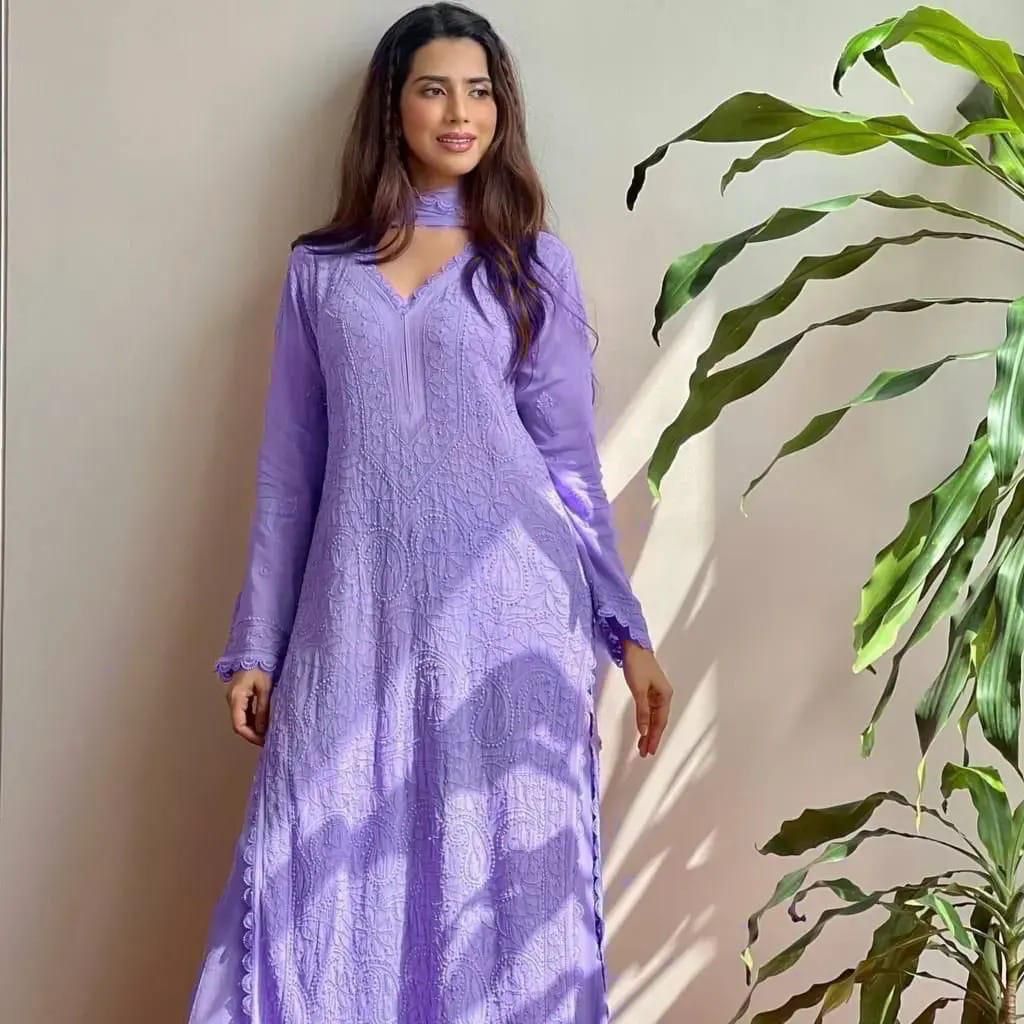 Stylish Faux Georgette Chikankari Embroidery & Lace Work Kurti Pant With Dupatta Set