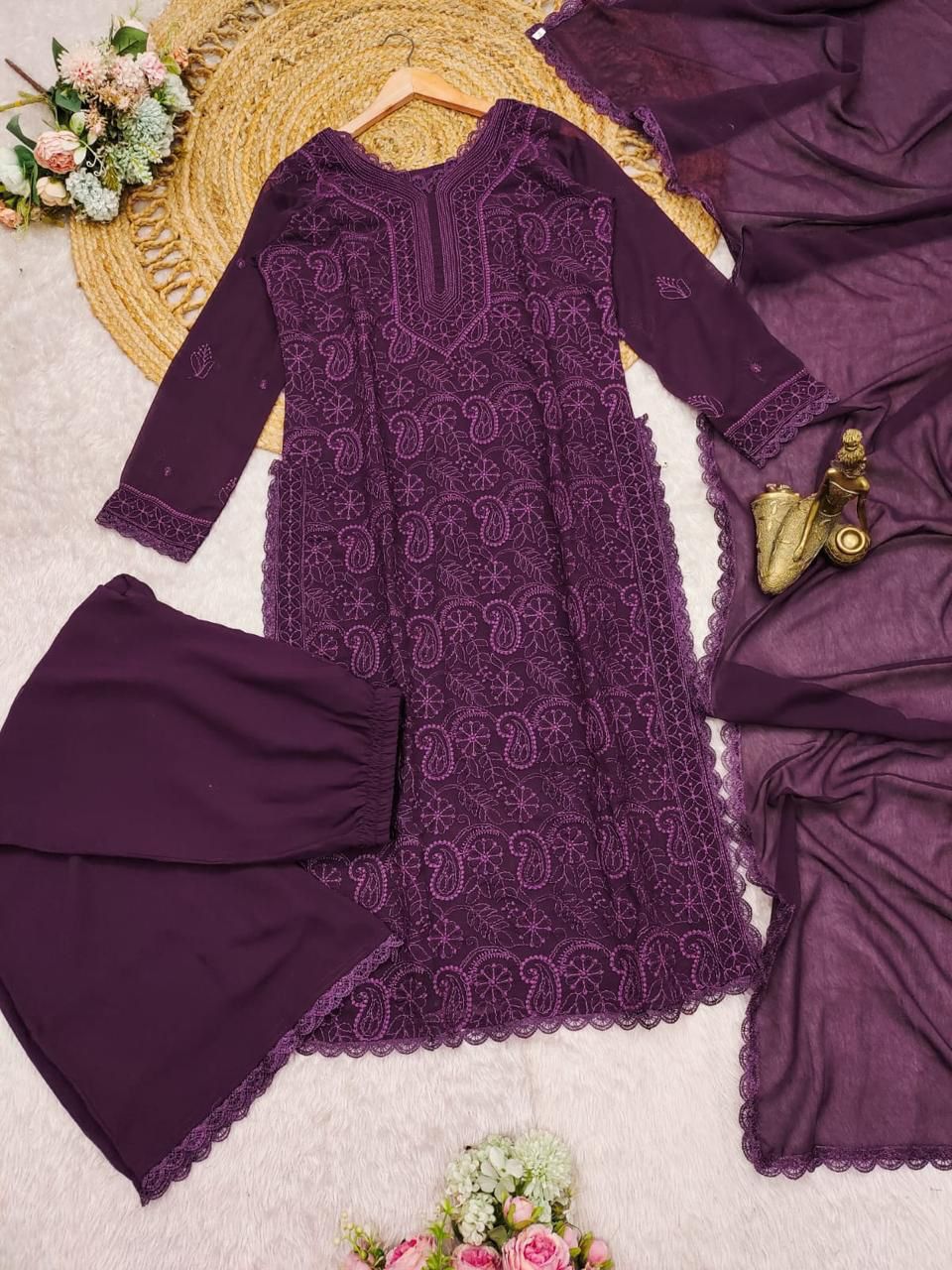 Stylish Faux Georgette Chikankari Embroidery & Lace Work Kurti Pant With Dupatta Set