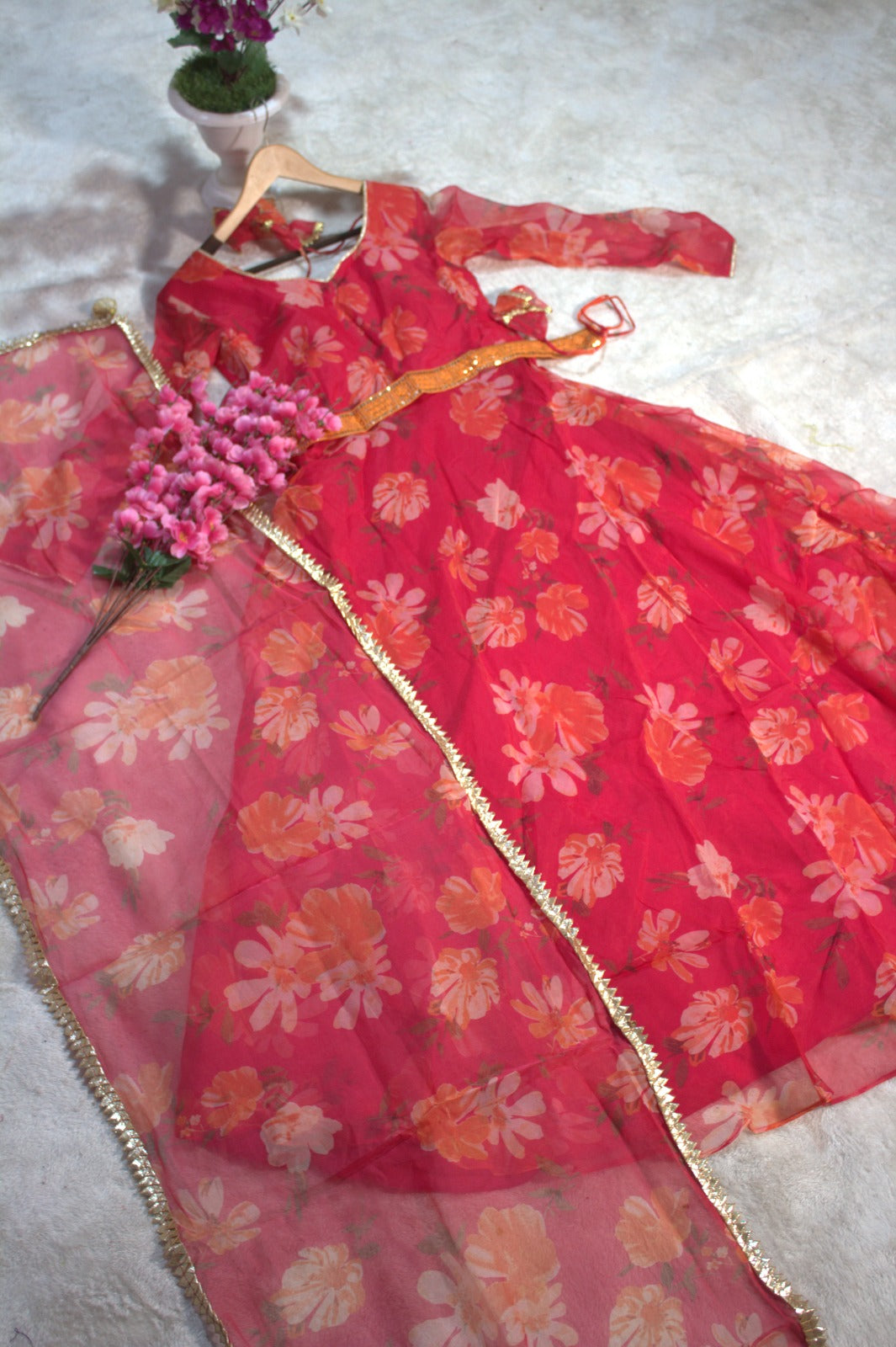 Floral Printed Premium Organza Gown With Dupatta with Lace Work