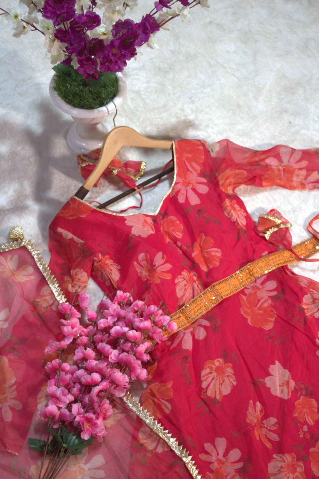Floral Printed Premium Organza Gown With Dupatta with Lace Work