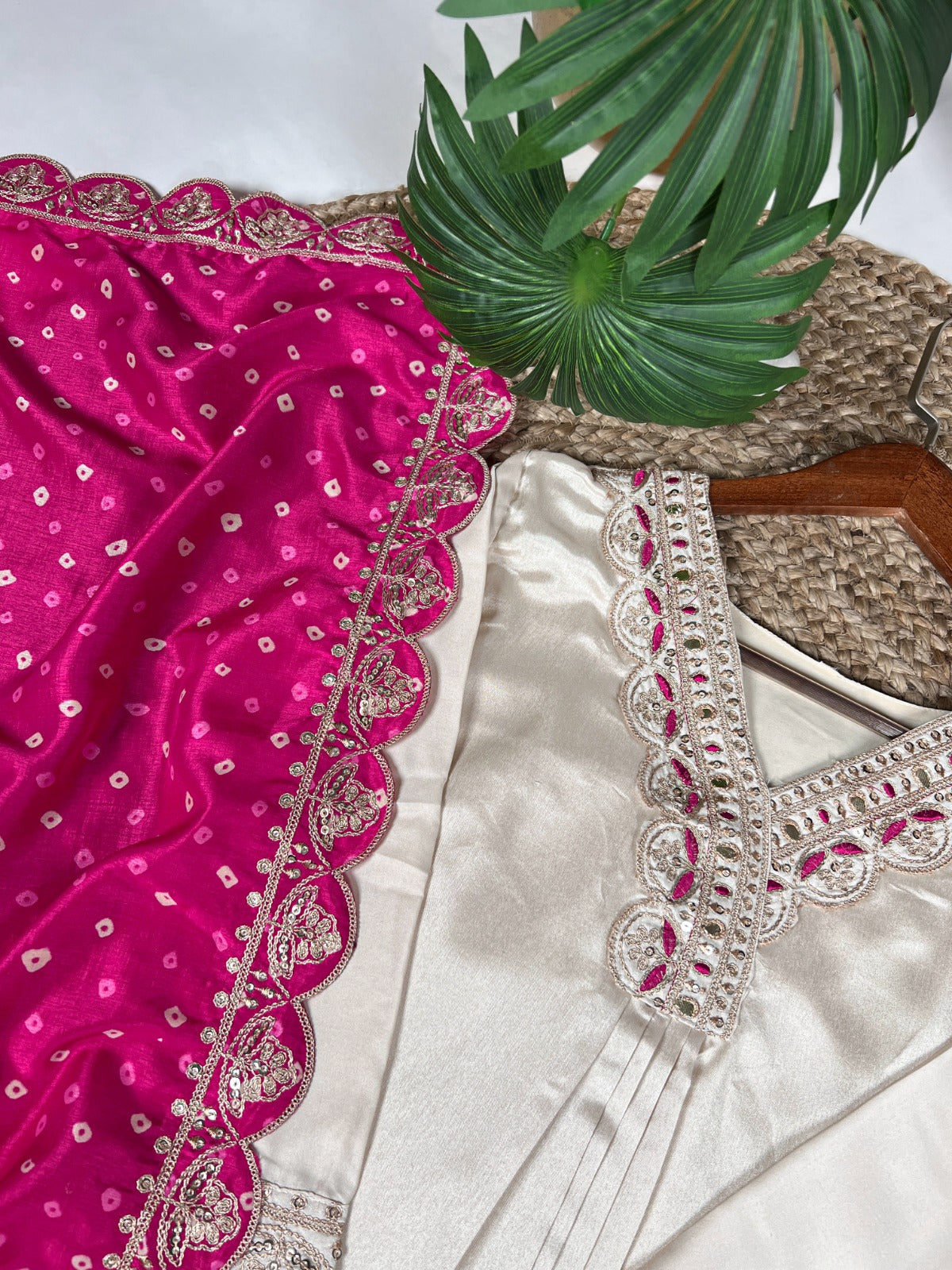 Cream Premium Monga Silk Suit With Fine Embroidery & Sequine Work Kurti Pant & Dupatta Set