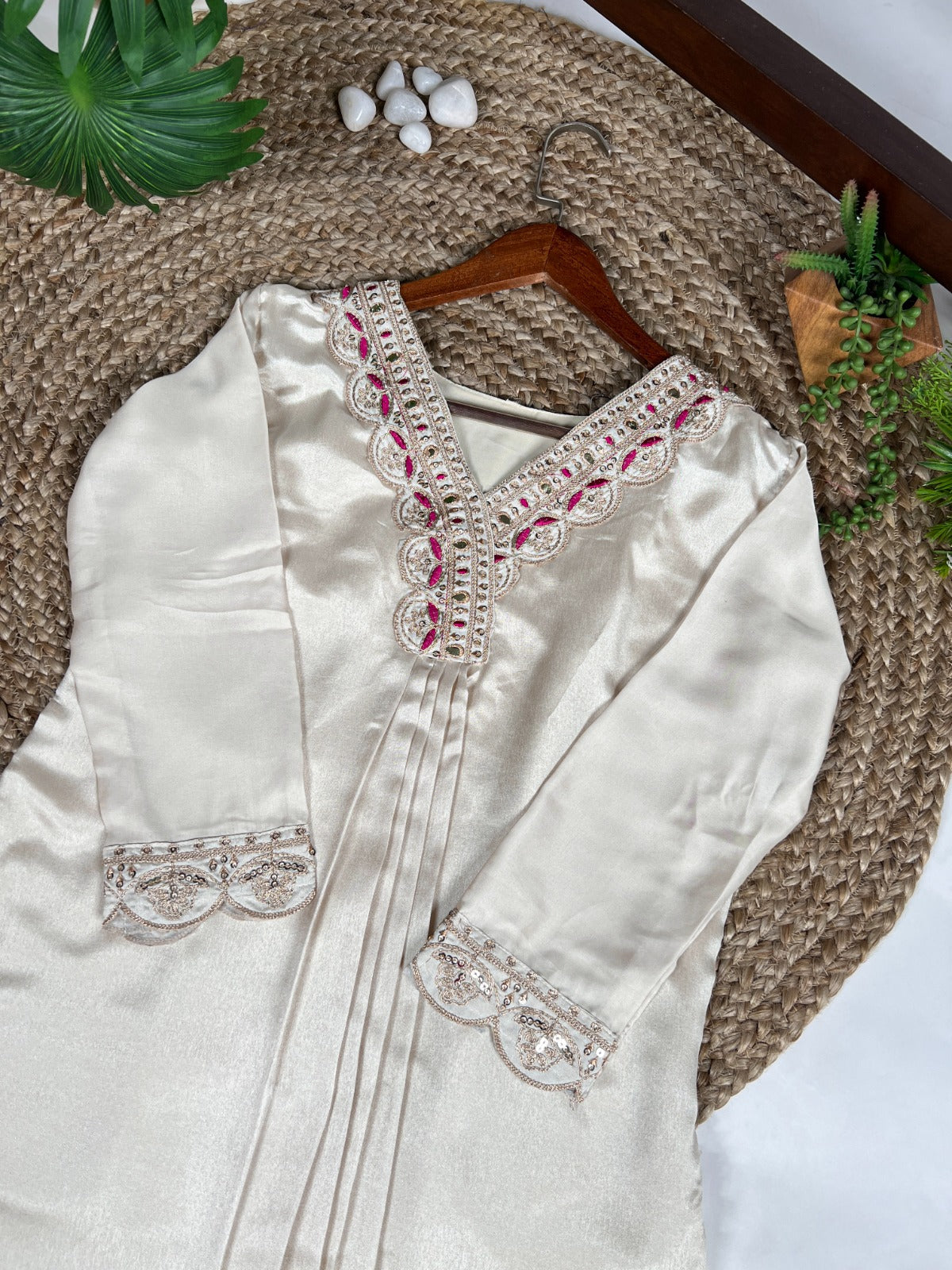 Cream Premium Monga Silk Suit With Fine Embroidery & Sequine Work Kurti Pant & Dupatta Set