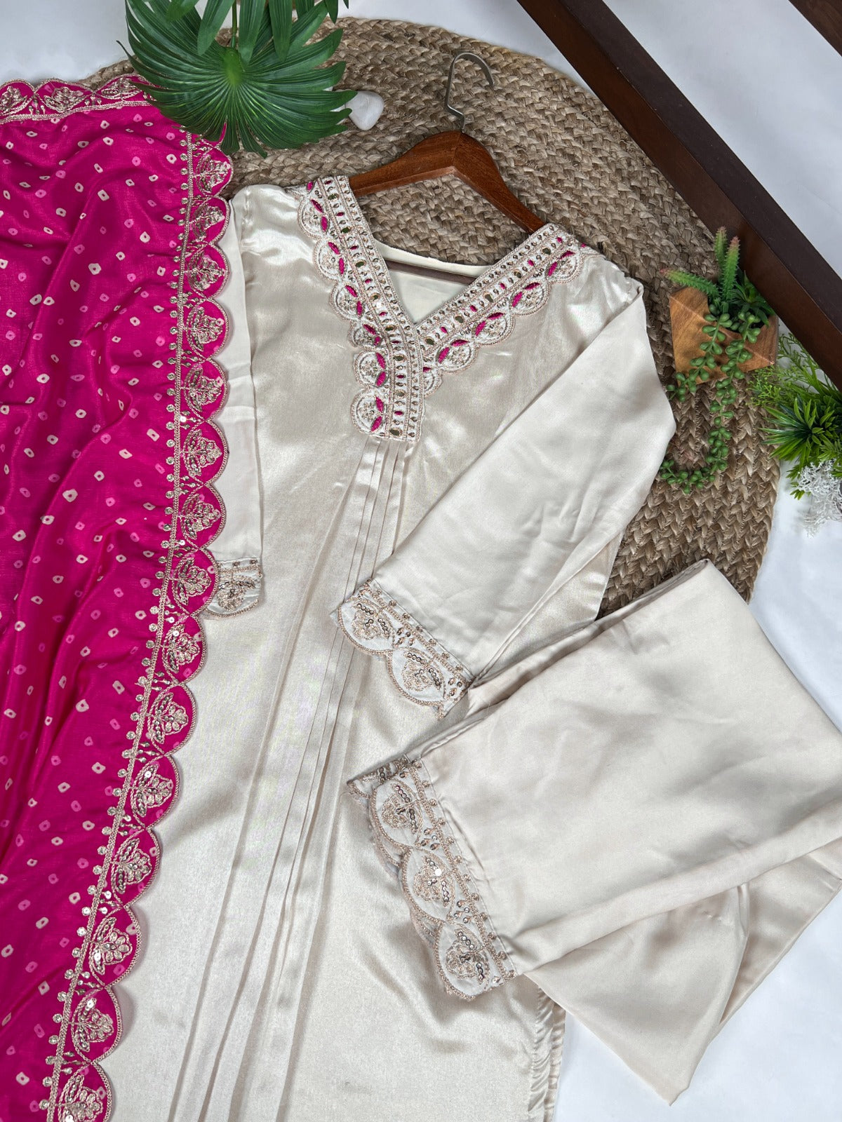 Cream Premium Monga Silk Suit With Fine Embroidery & Sequine Work Kurti Pant & Dupatta Set