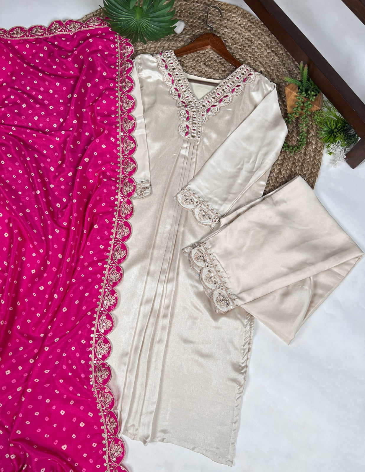 Cream Premium Monga Silk Suit With Fine Embroidery & Sequine Work Kurti Pant & Dupatta Set