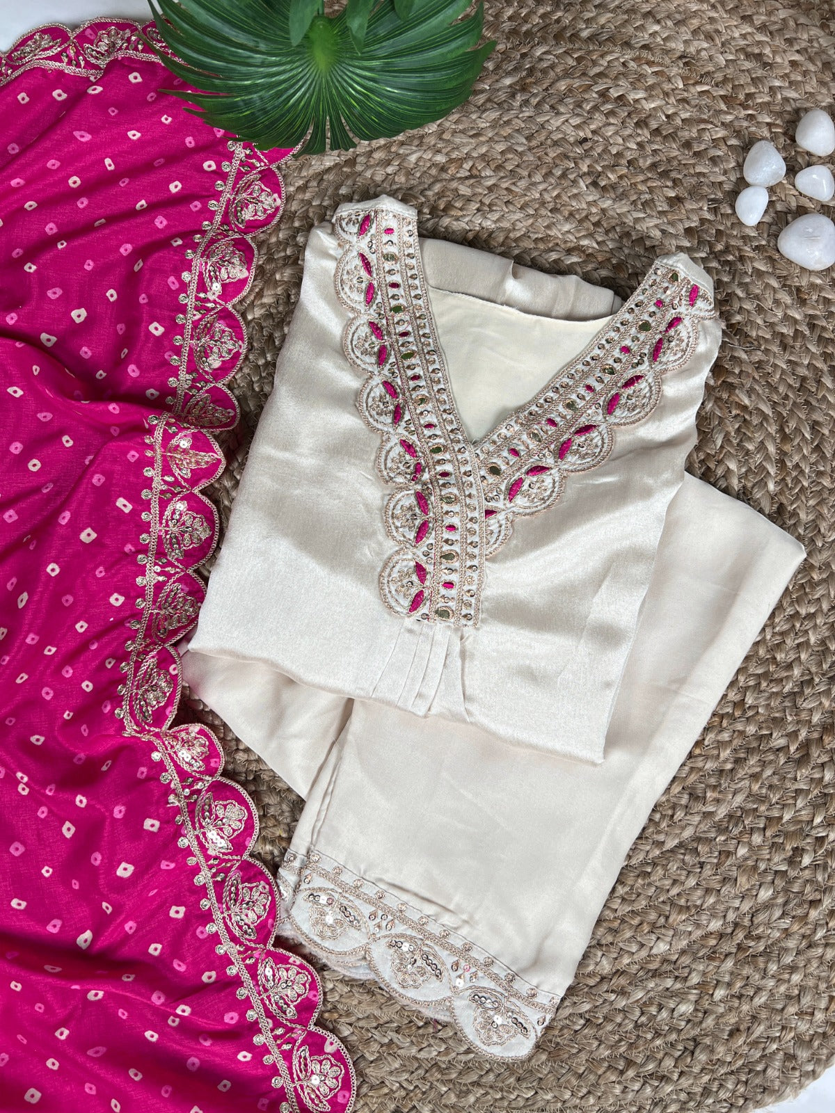 Cream Premium Monga Silk Suit With Fine Embroidery & Sequine Work Kurti Pant & Dupatta Set