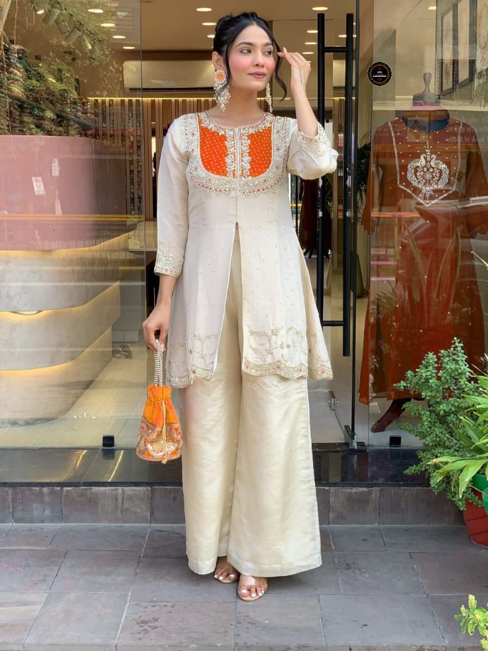 Designer Wear Roman Silk Coding Sequence Embroidery Work Kurti Pant Set