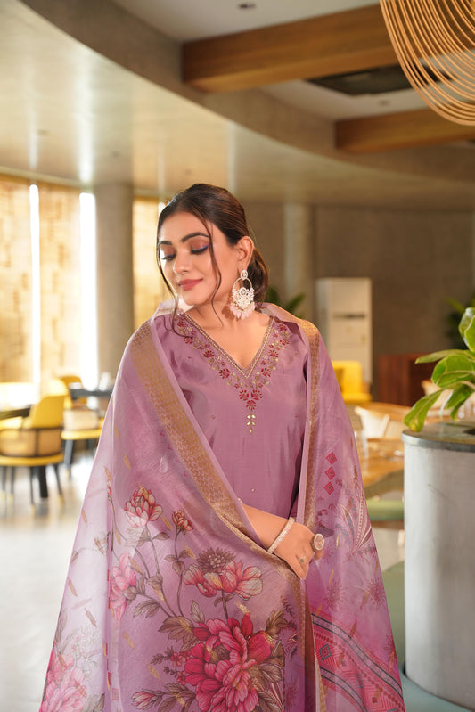 Designer Roman Silk Embroidery Hand Work Coral Pink Kurti Pant With Dupatta Set