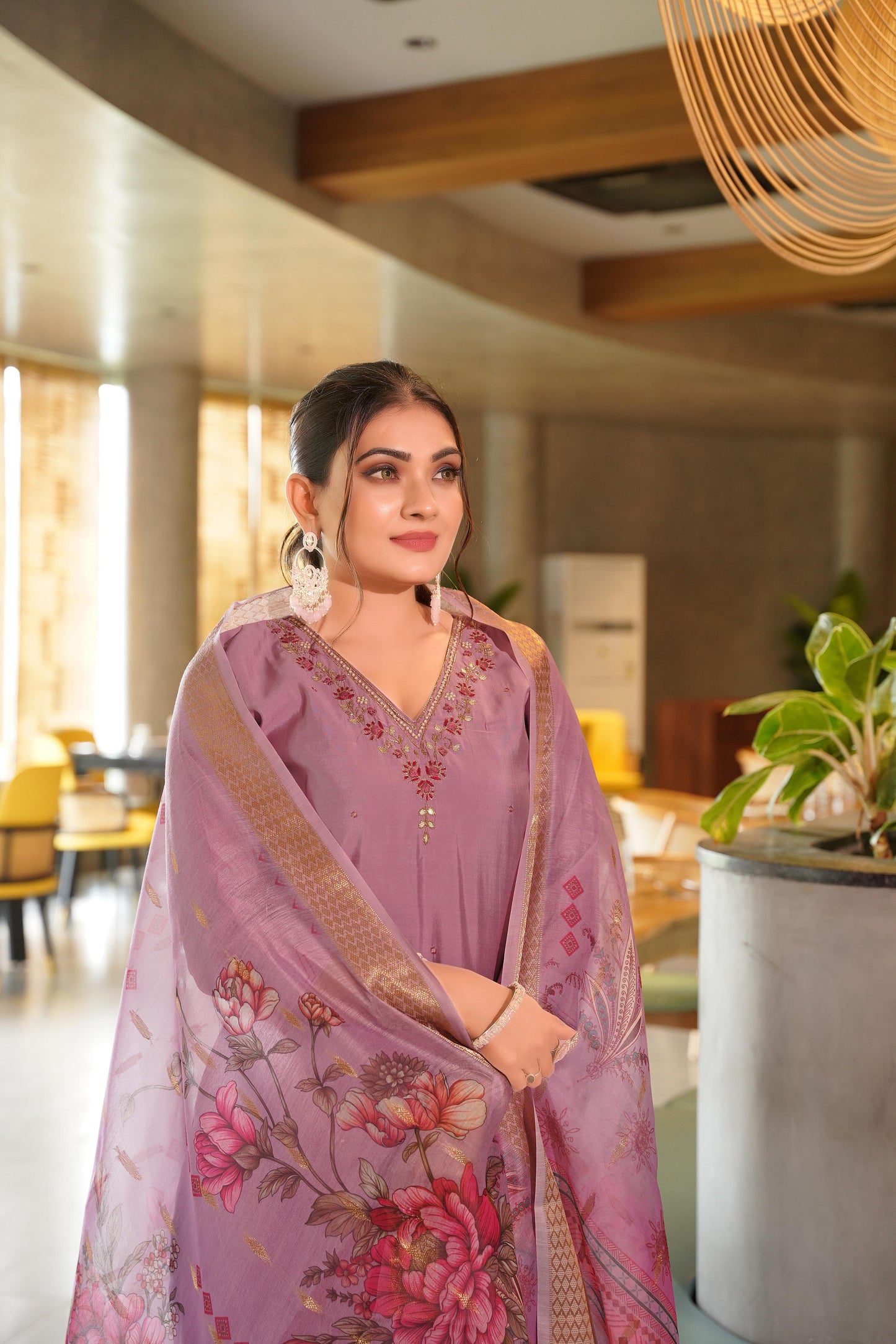Designer Roman Silk Embroidery Hand Work Coral Pink Kurti Pant With Dupatta Set