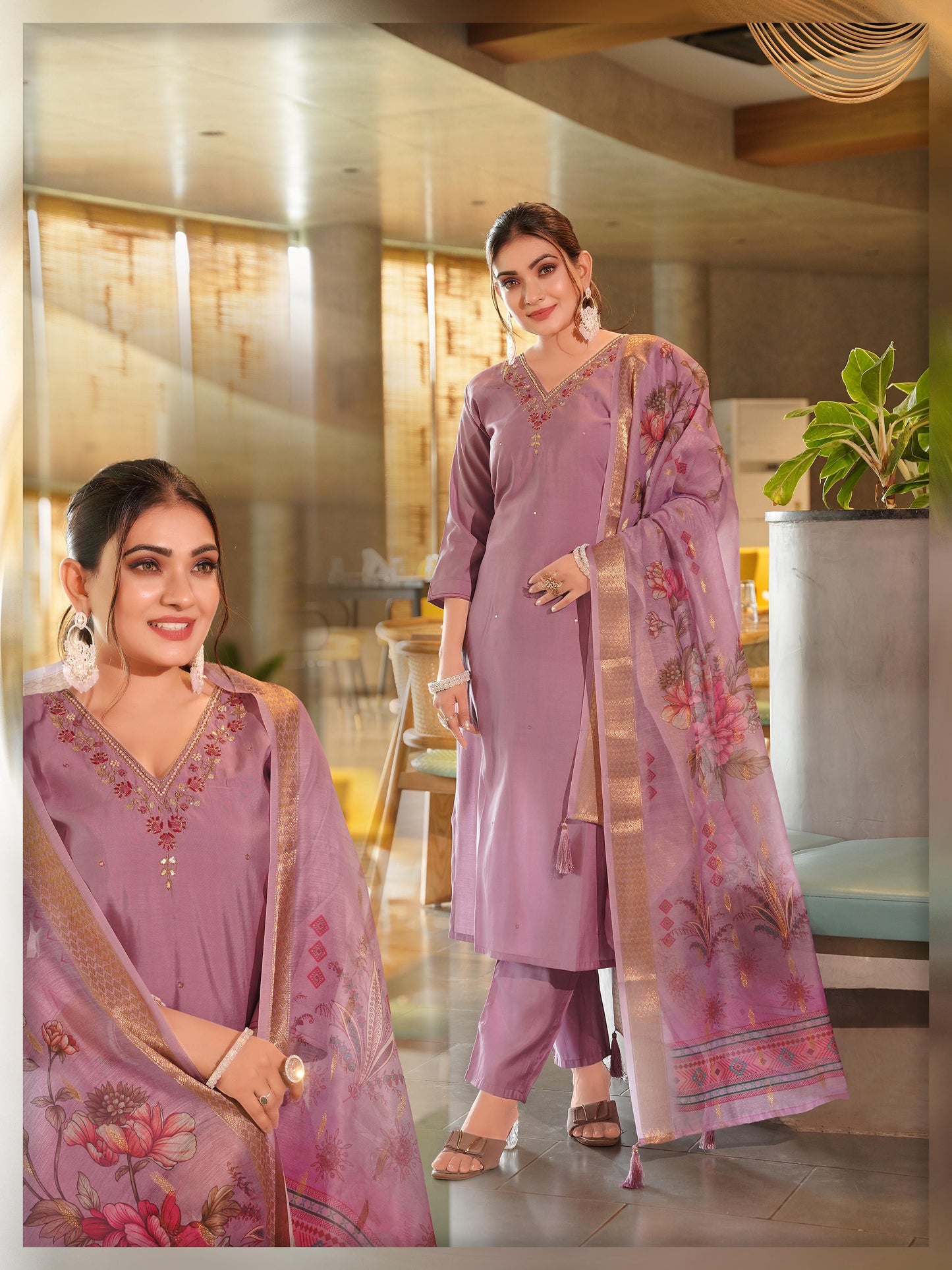 Designer Roman Silk Embroidery Hand Work Coral Pink Kurti Pant With Dupatta Set