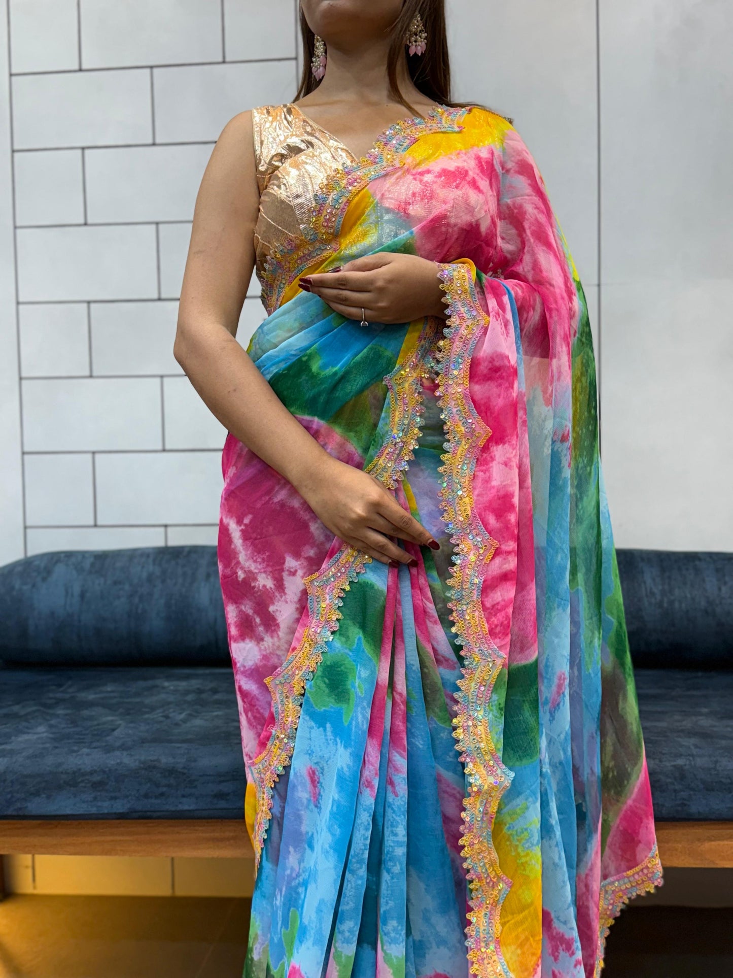 Celebrity Style Soft Faux Georgette Print Saree With Coding Sequence Rainbow Lace Work