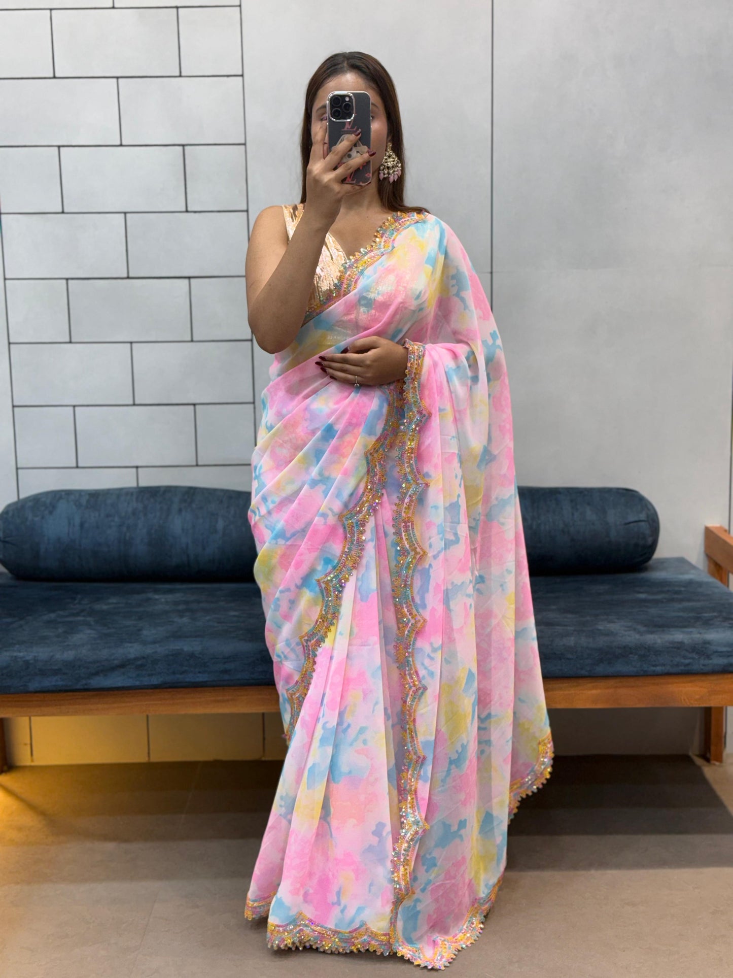 Celebrity Style Soft Faux Georgette Print Saree With Coding Sequence Rainbow Lace Work