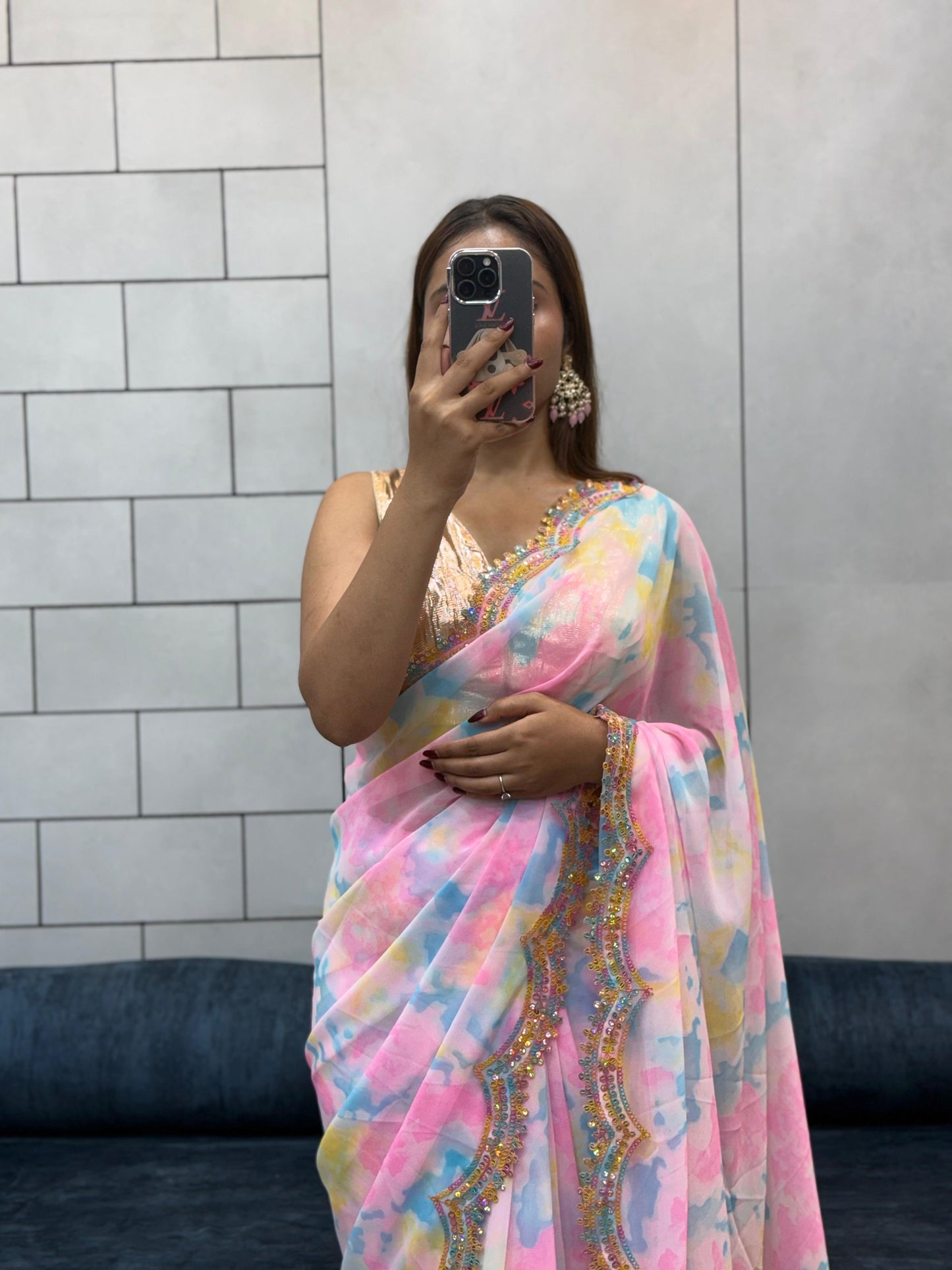 Celebrity Style Soft Faux Georgette Print Saree With Coding Sequence Rainbow Lace Work