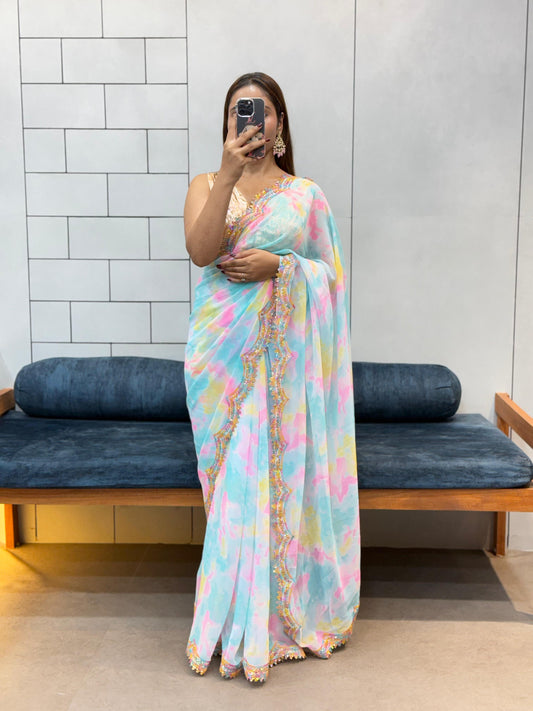 Celebrity Style Soft Faux Georgette Print Saree With Coding Sequence Rainbow Lace Work