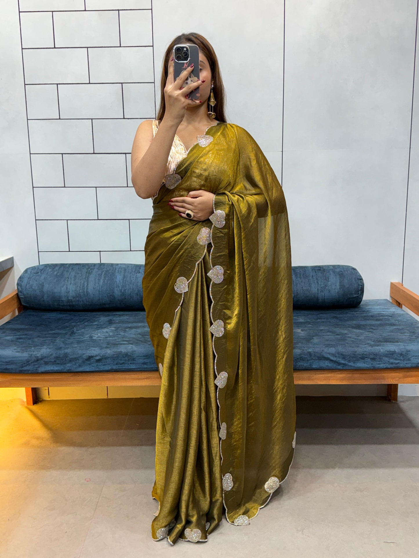 Celebrity Style Soft Space Silk Saree With Heart Diamond Cutwork Lace Border