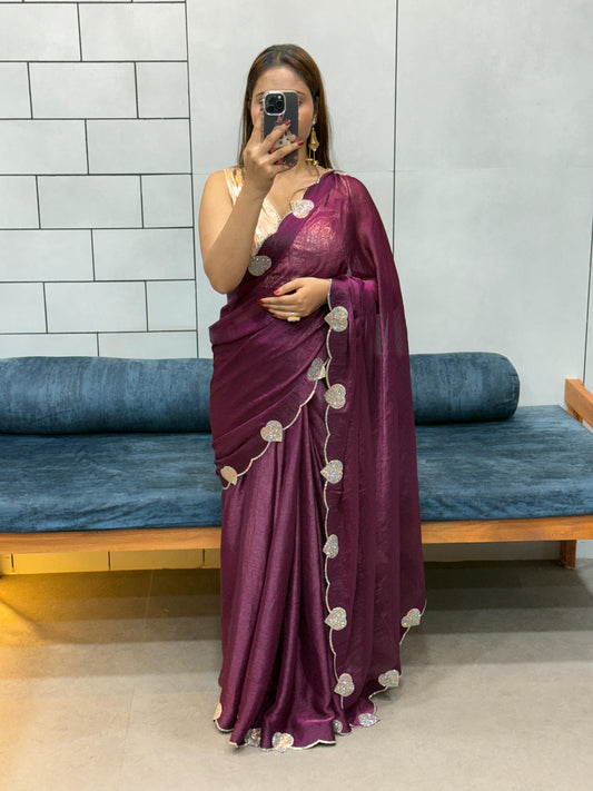 Celebrity Style Soft Space Silk Saree With Heart Diamond Cutwork Lace Border