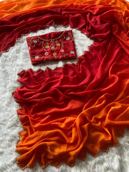 Premium Soft Chinnon Saree With Padding & Rich Handwork