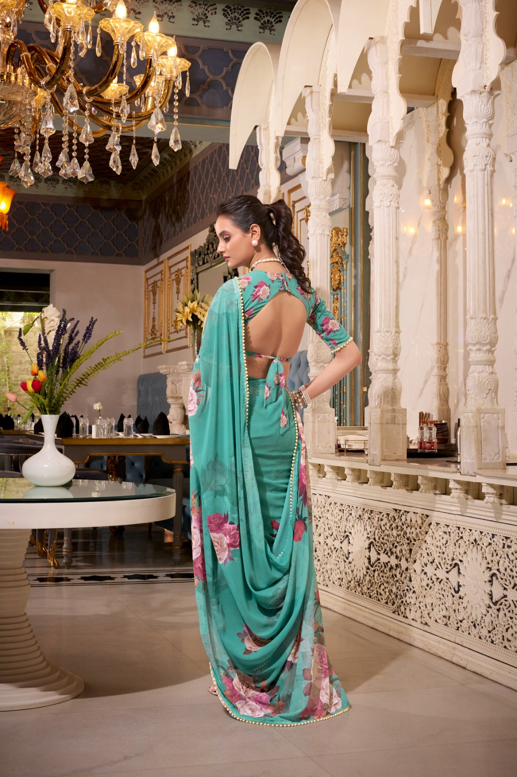 Premium Classy Pure Soft Georgette Saree Printed With Pearl Lace Border