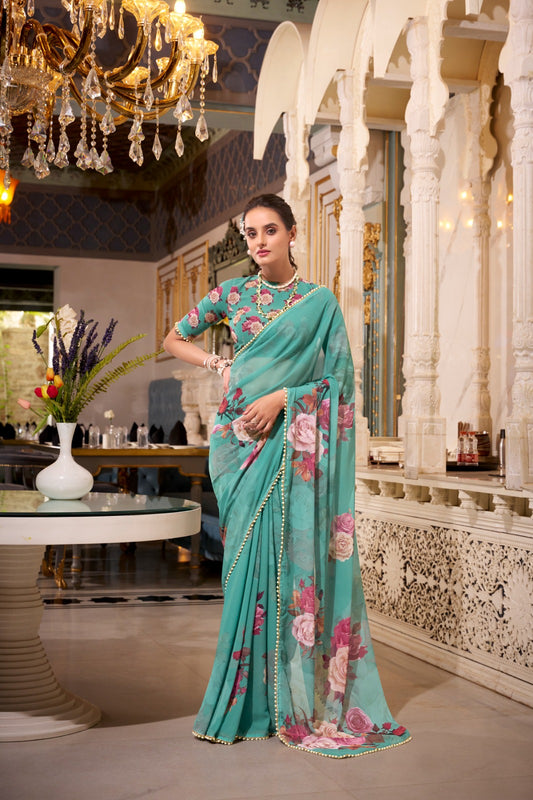 Premium Classy Pure Soft Georgette Saree Printed With Pearl Lace Border
