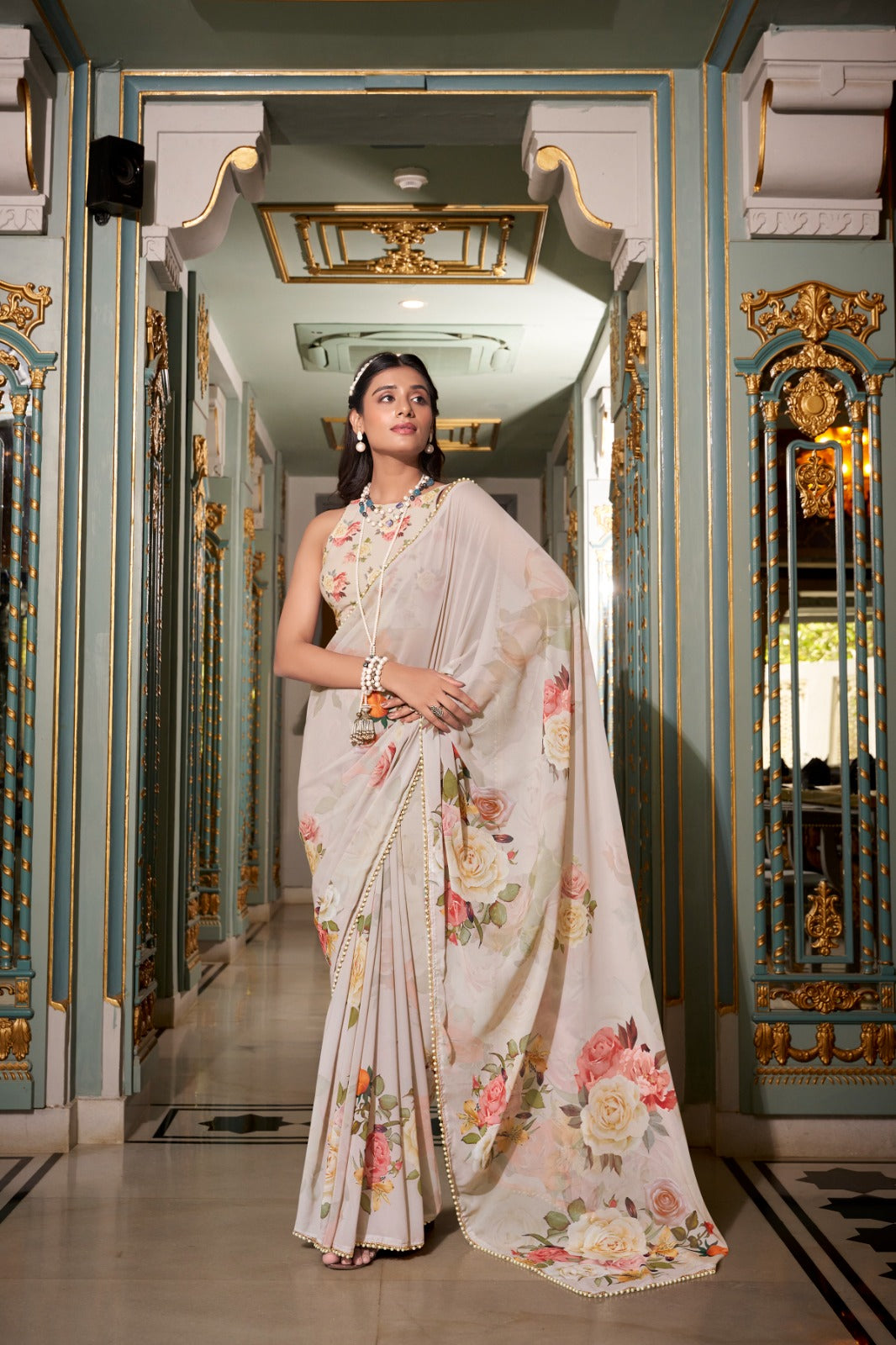 Premium Classy Pure Soft Georgette Saree Printed With Pearl Lace Border