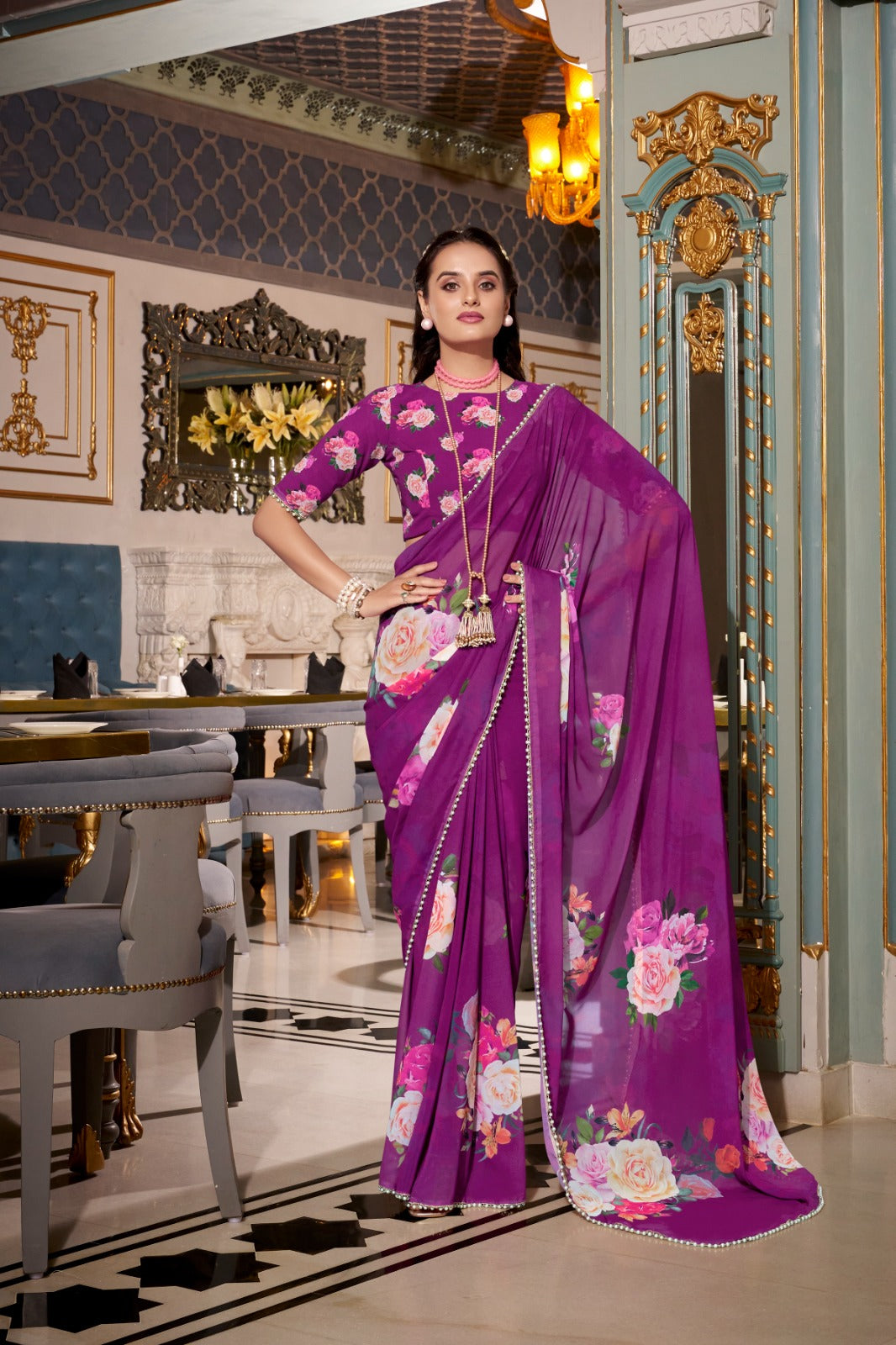 Premium Classy Pure Soft Georgette Saree Printed With Pearl Lace Border