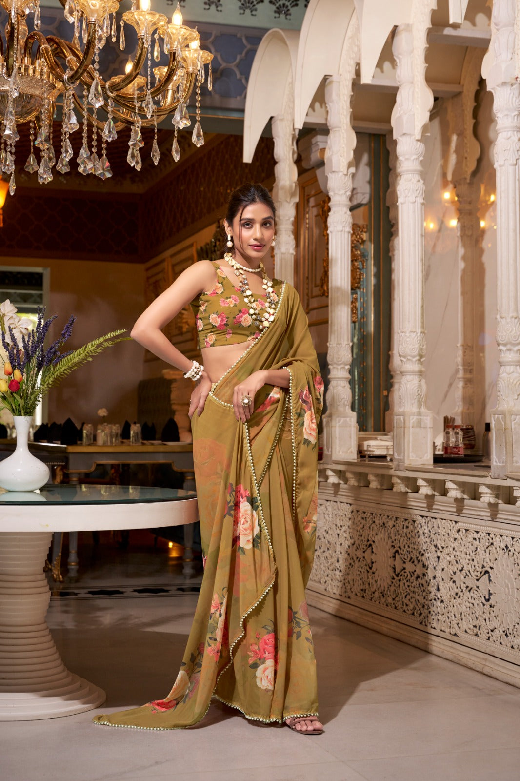 Premium Classy Pure Soft Georgette Saree Printed With Pearl Lace Border