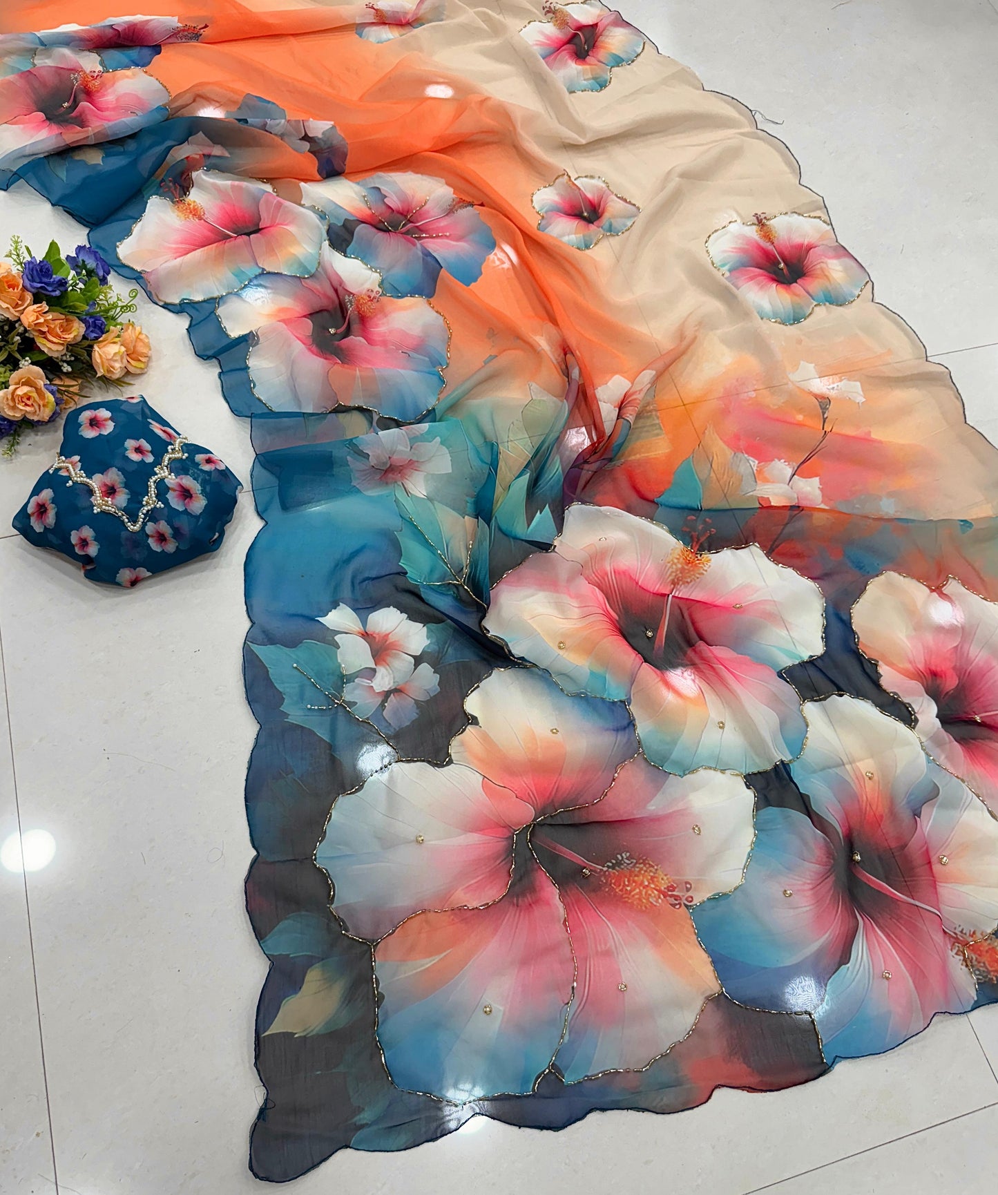 Premium Soft & Smooth Chiffon Floral Print Saree With Embroidery & Pipe Work Border