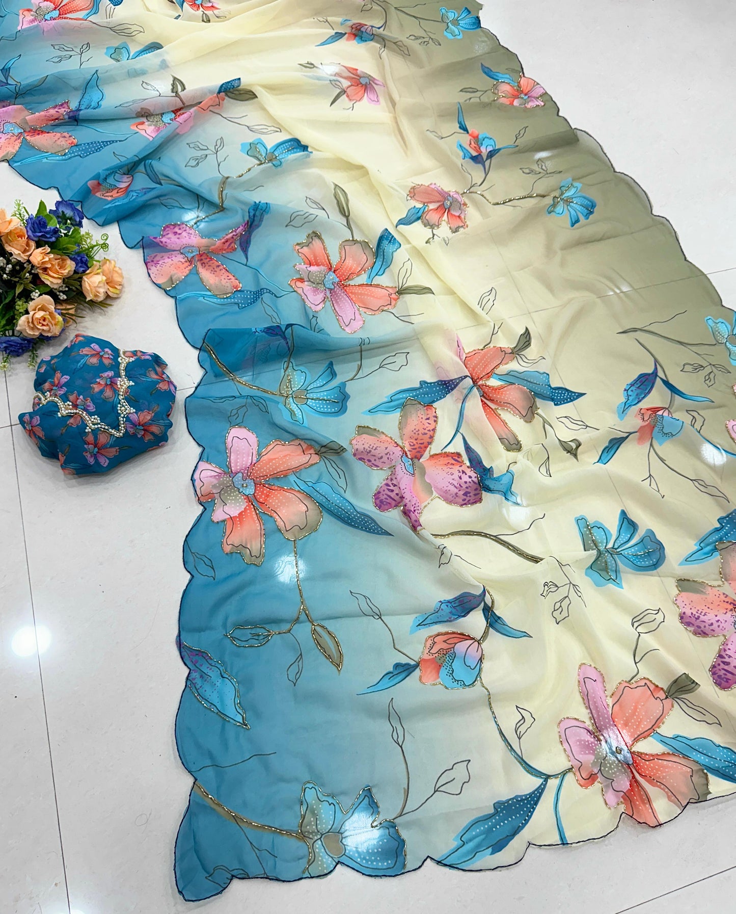 Premium Soft & Smooth Chiffon Floral Print Saree With Embroidery & Pipe Work Border