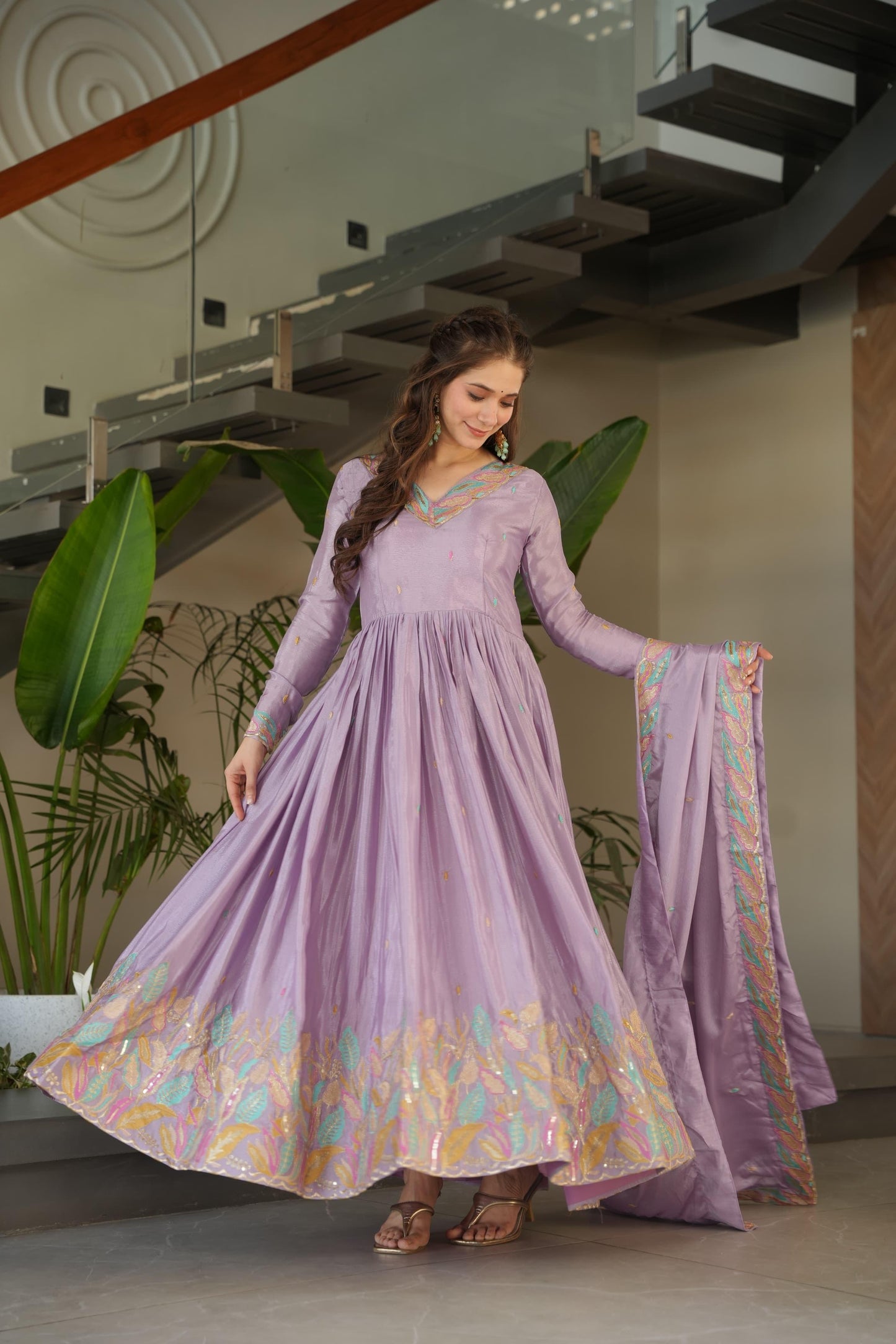 Designer Rich Chinnon Sequins & Multi Thread Embroidered Work Gown With Dupatta Set