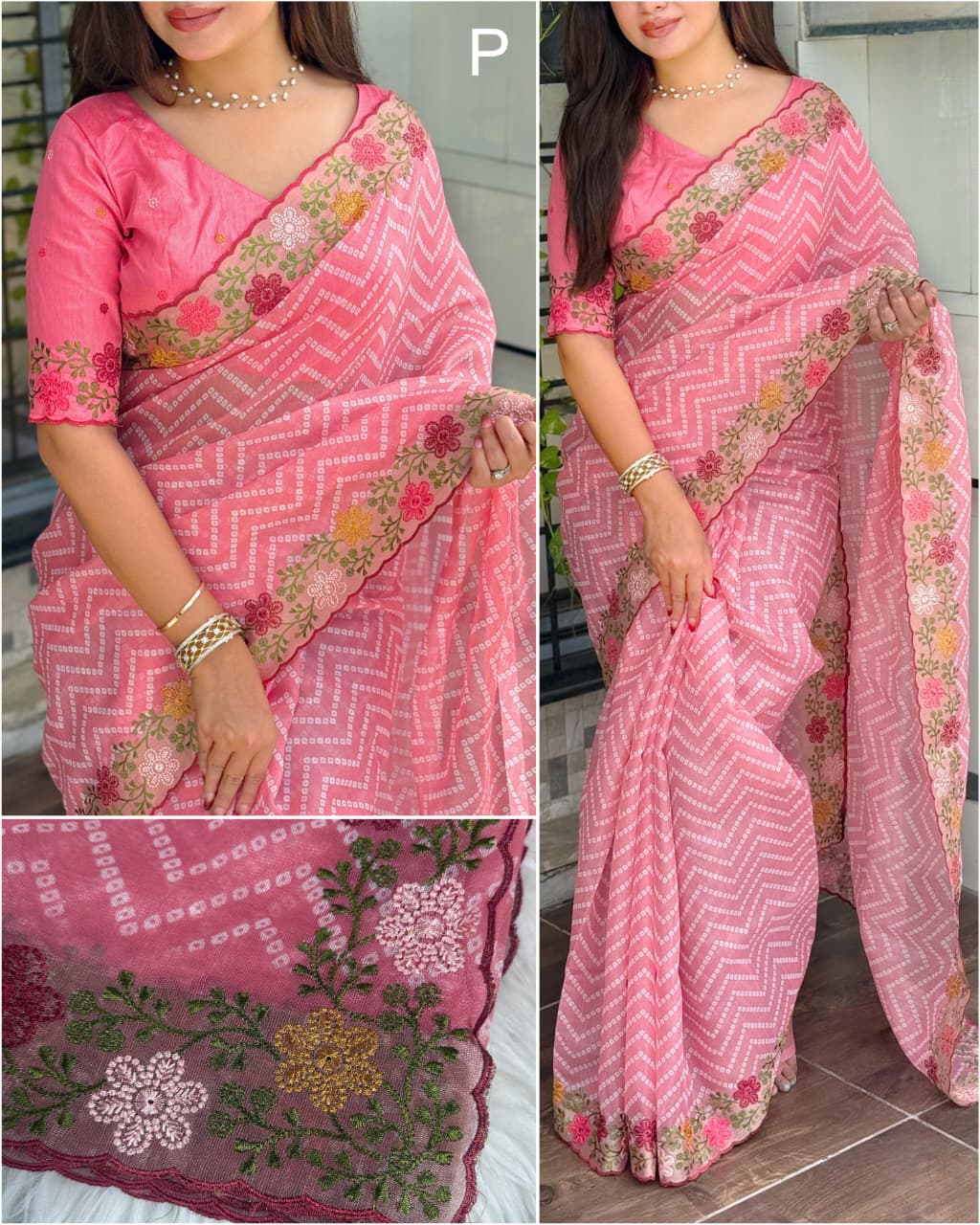 Special Bandhej Print Soft Cotton Satin Saree With Embroidery & Zari Work