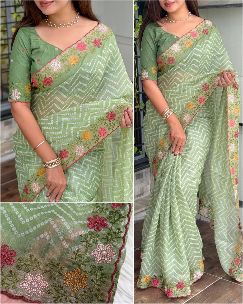 Special Bandhej Print Soft Cotton Satin Saree With Embroidery & Zari Work