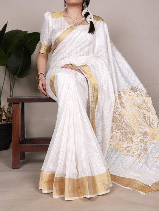 Premium Kerala Traditional Raw Silk Saree With Zari Weaving Work