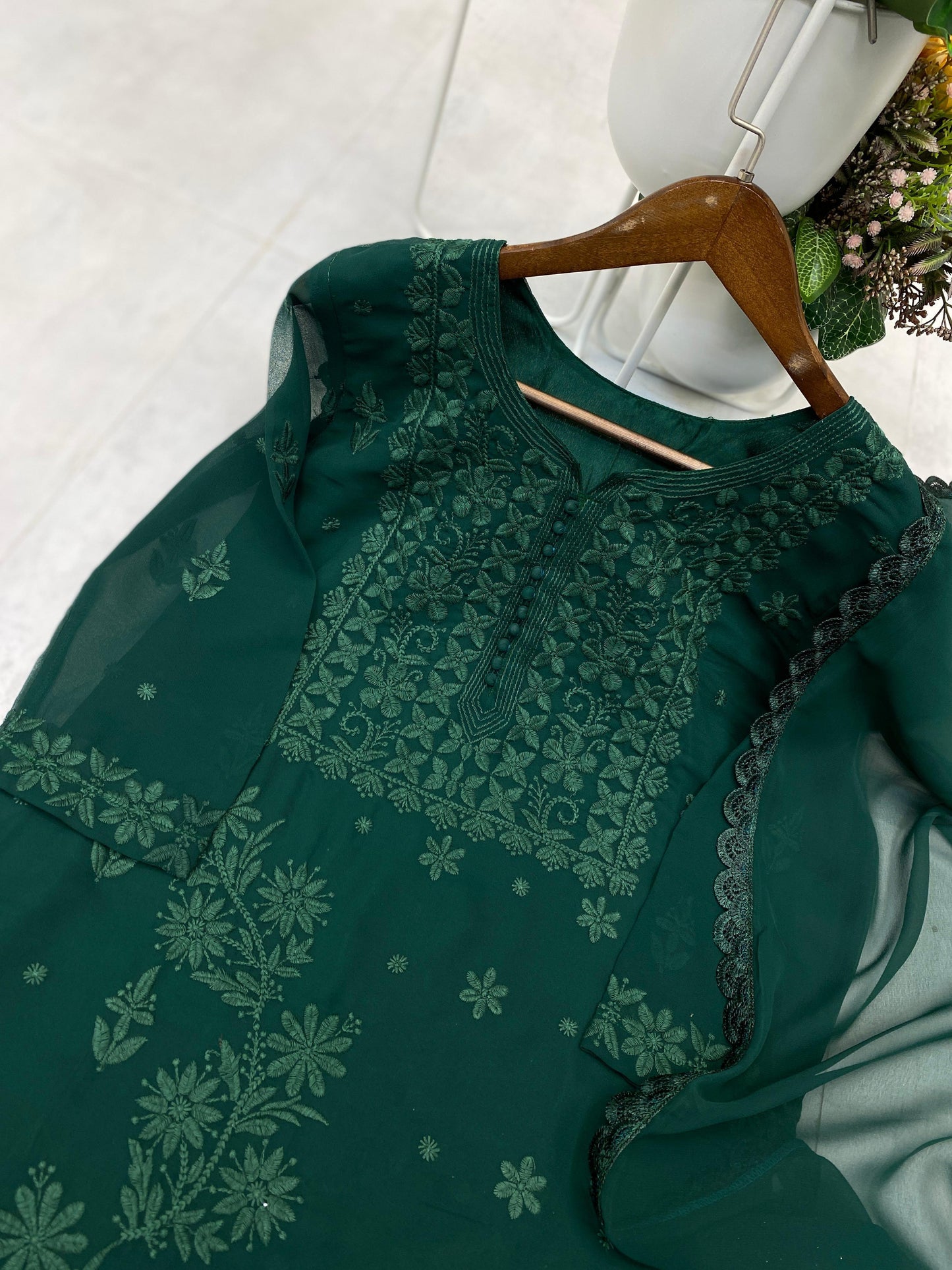 Stylish Fox Georgette Chikankari Embroidery & Lace Work Kurti Pant With Dupatta Set