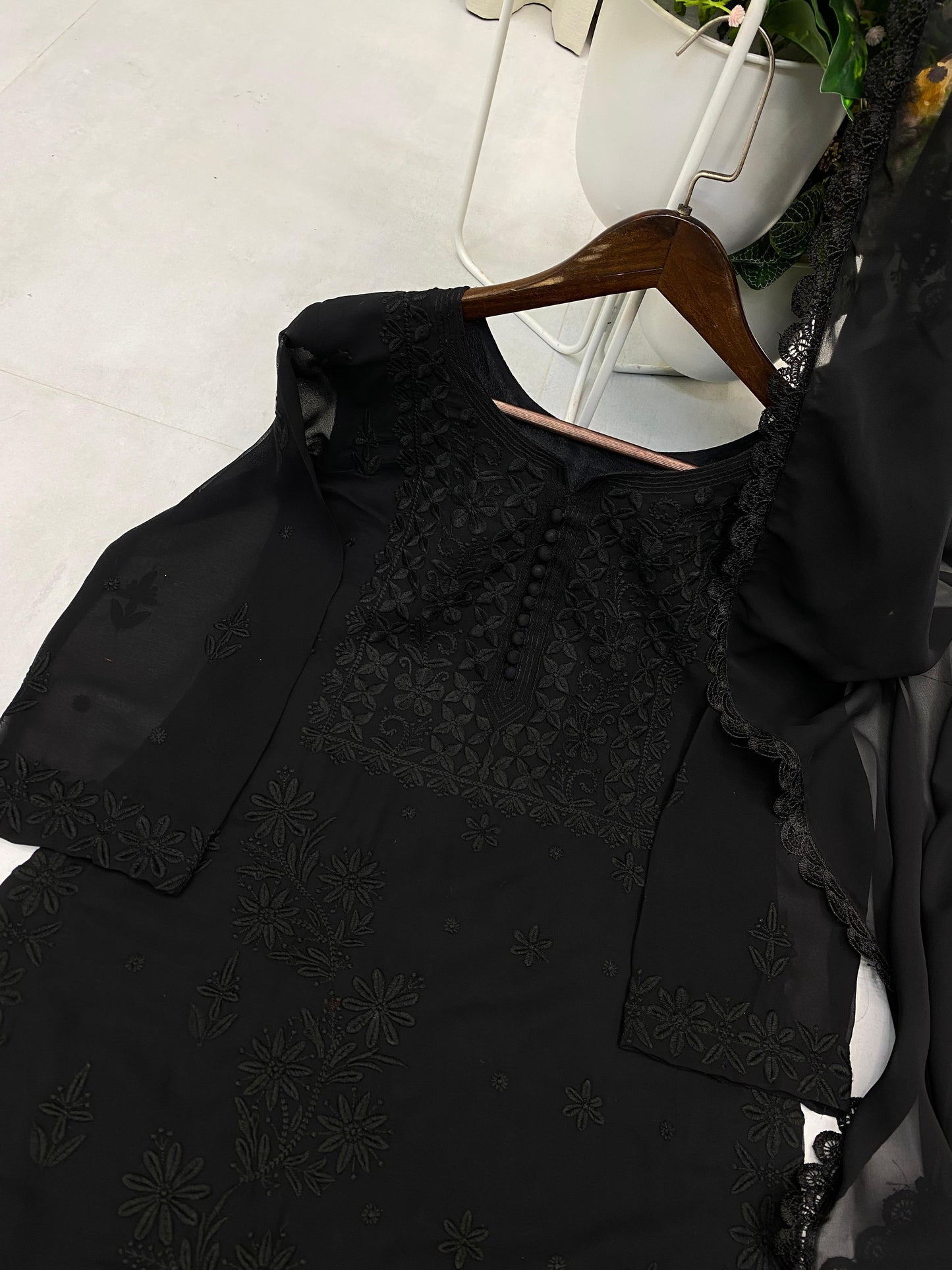 Stylish Fox Georgette Chikankari Embroidery & Lace Work Kurti Pant With Dupatta Set