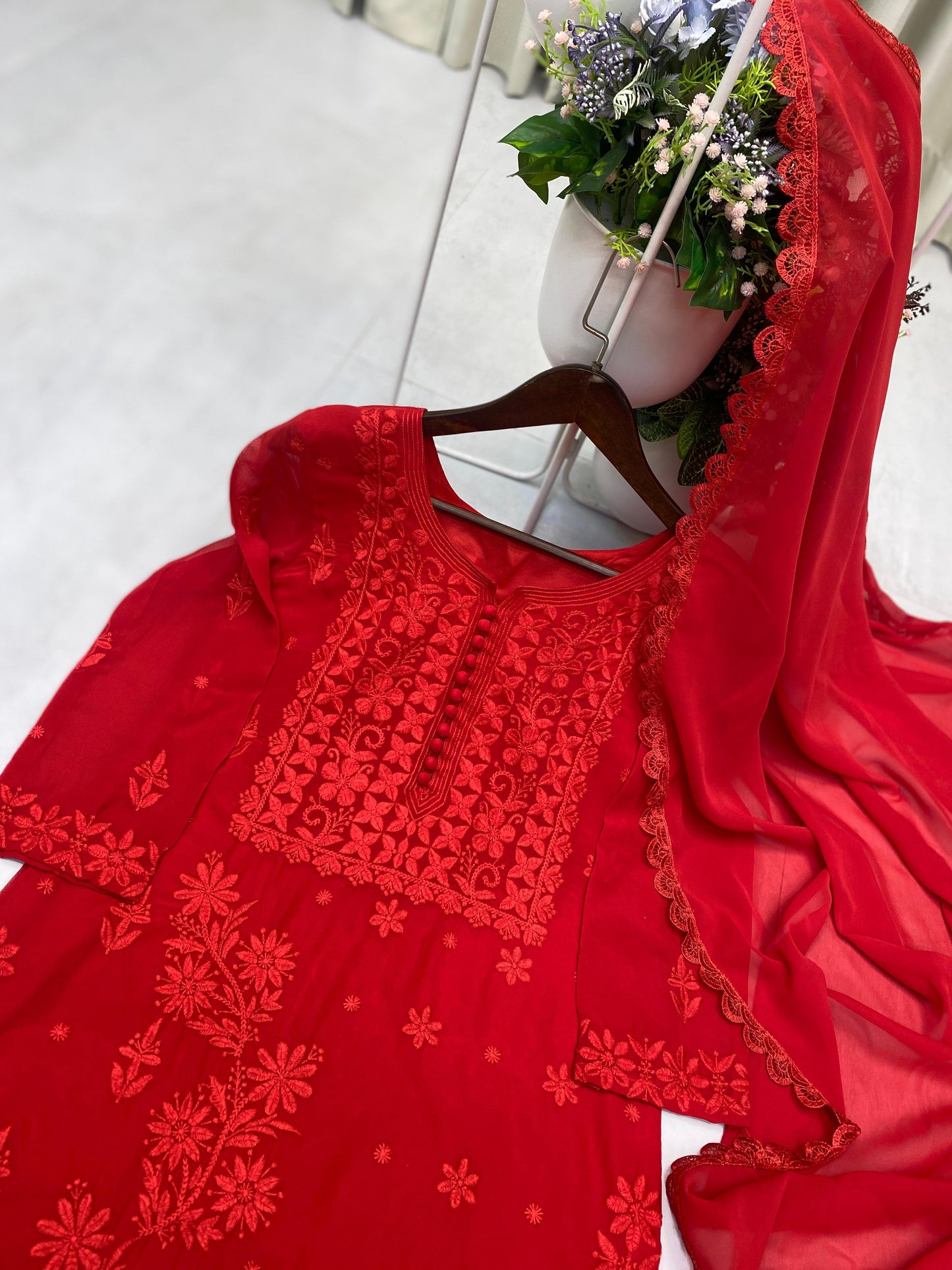 Stylish Fox Georgette Chikankari Embroidery & Lace Work Kurti Pant With Dupatta Set