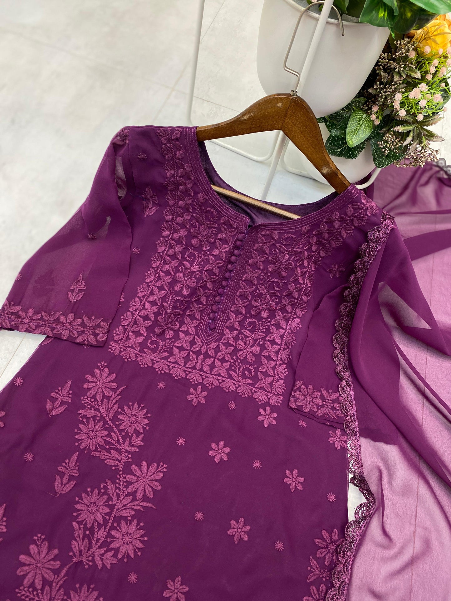 Stylish Fox Georgette Chikankari Embroidery & Lace Work Kurti Pant With Dupatta Set