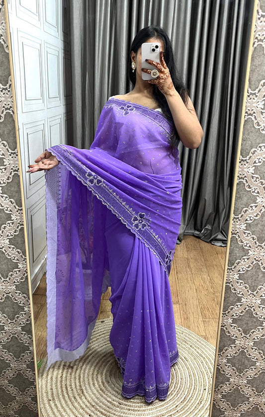 Stylish Soft Georgette Saree With Rich Diamond Silver Work Border